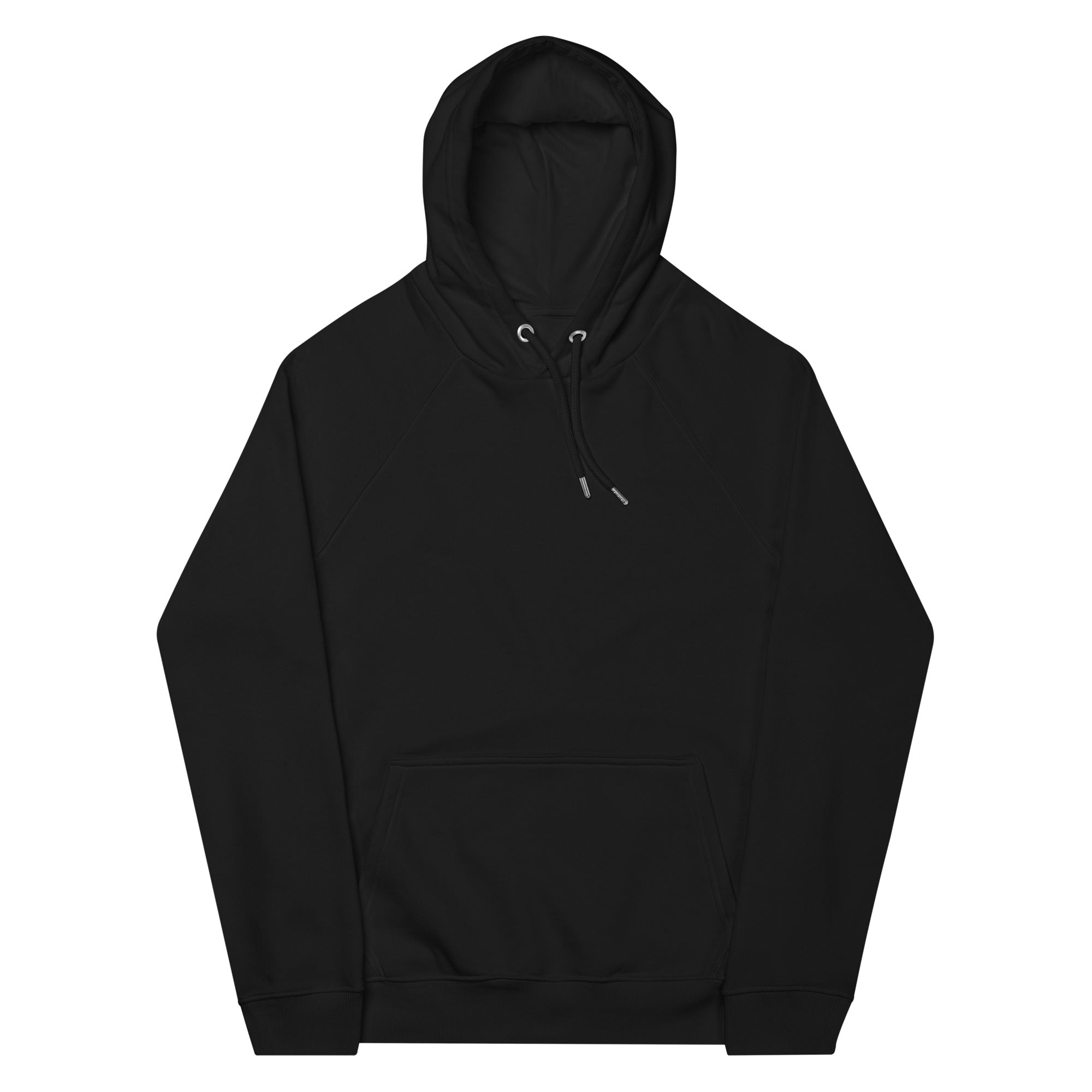 Leaky TS unisex eco raglan hoodie in black featuring the "Stay Trippy - Explore Your Mind" design on front.
