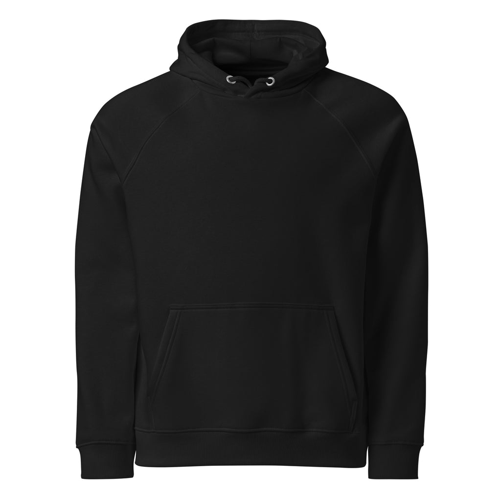 Black unisex eco raglan hoodie featuring "Stay Trippy - Explore Your Mind" graphic from Leaky TS, shown from the front.