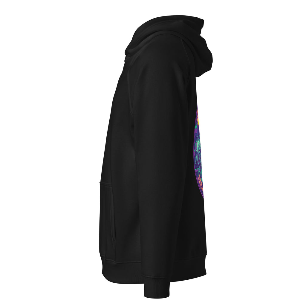 Black unisex eco raglan hoodie featuring "Stay Trippy - Explore Your Mind" design by Leaky TS.