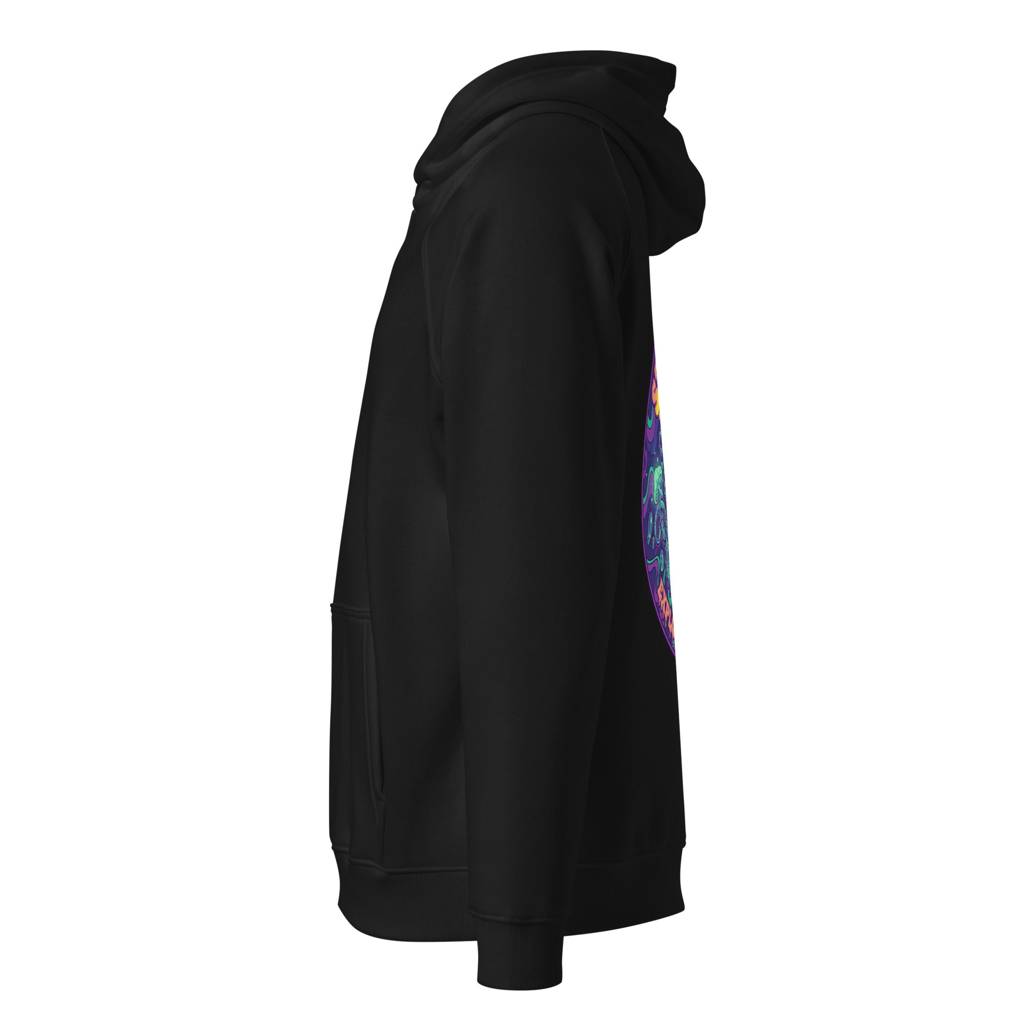 Black unisex eco raglan hoodie featuring "Stay Trippy - Explore Your Mind" design by Leaky TS.