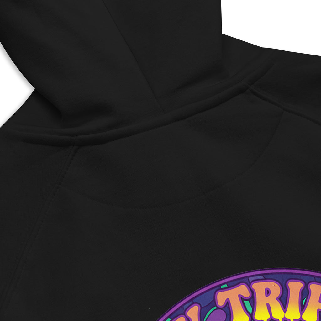 Unisex black eco raglan hoodie from Leaky TS featuring trippy explore your mind graphic design.