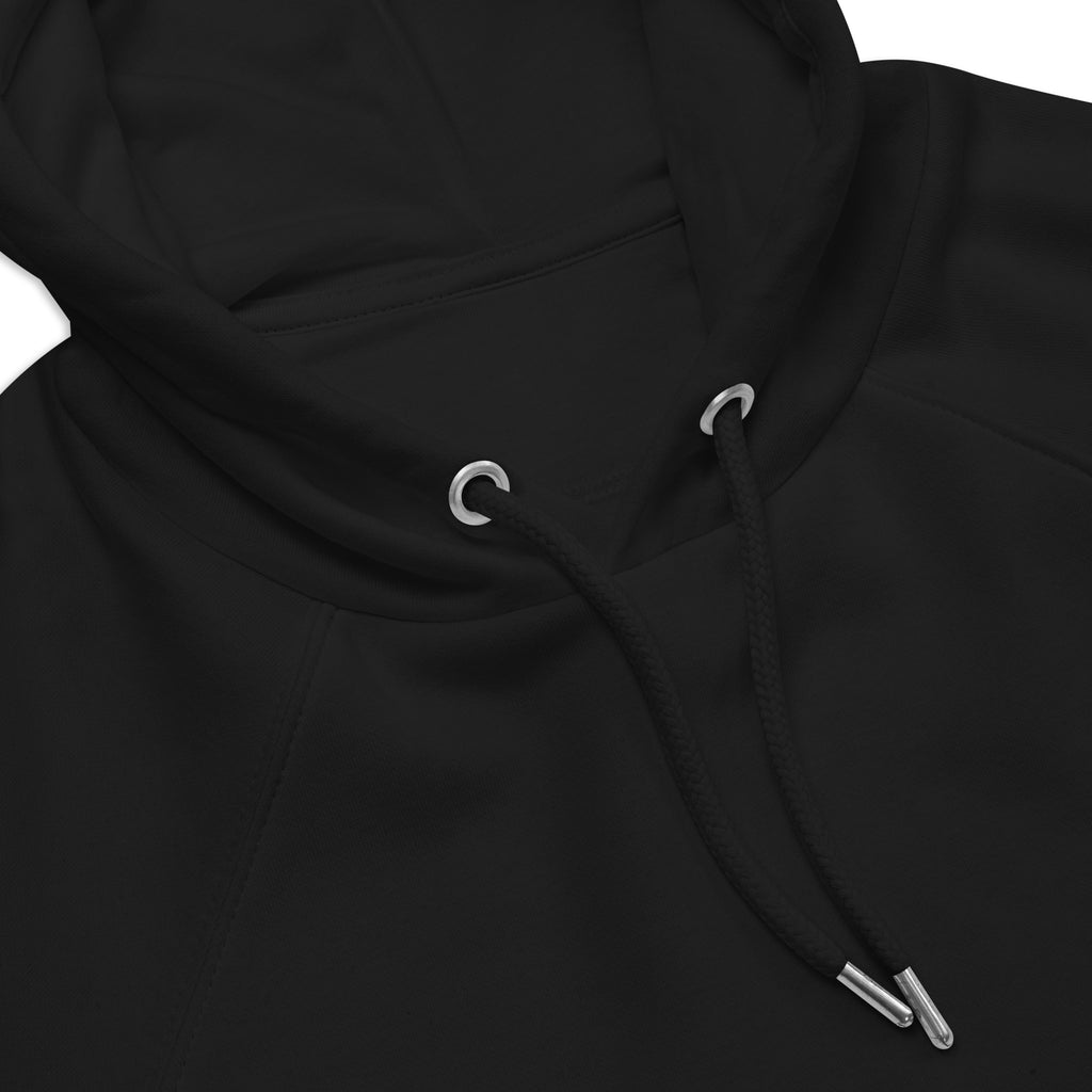 Unisex black eco raglan hoodie from Leaky TS with "Stay Trippy - Explore Your Mind" graphic design.