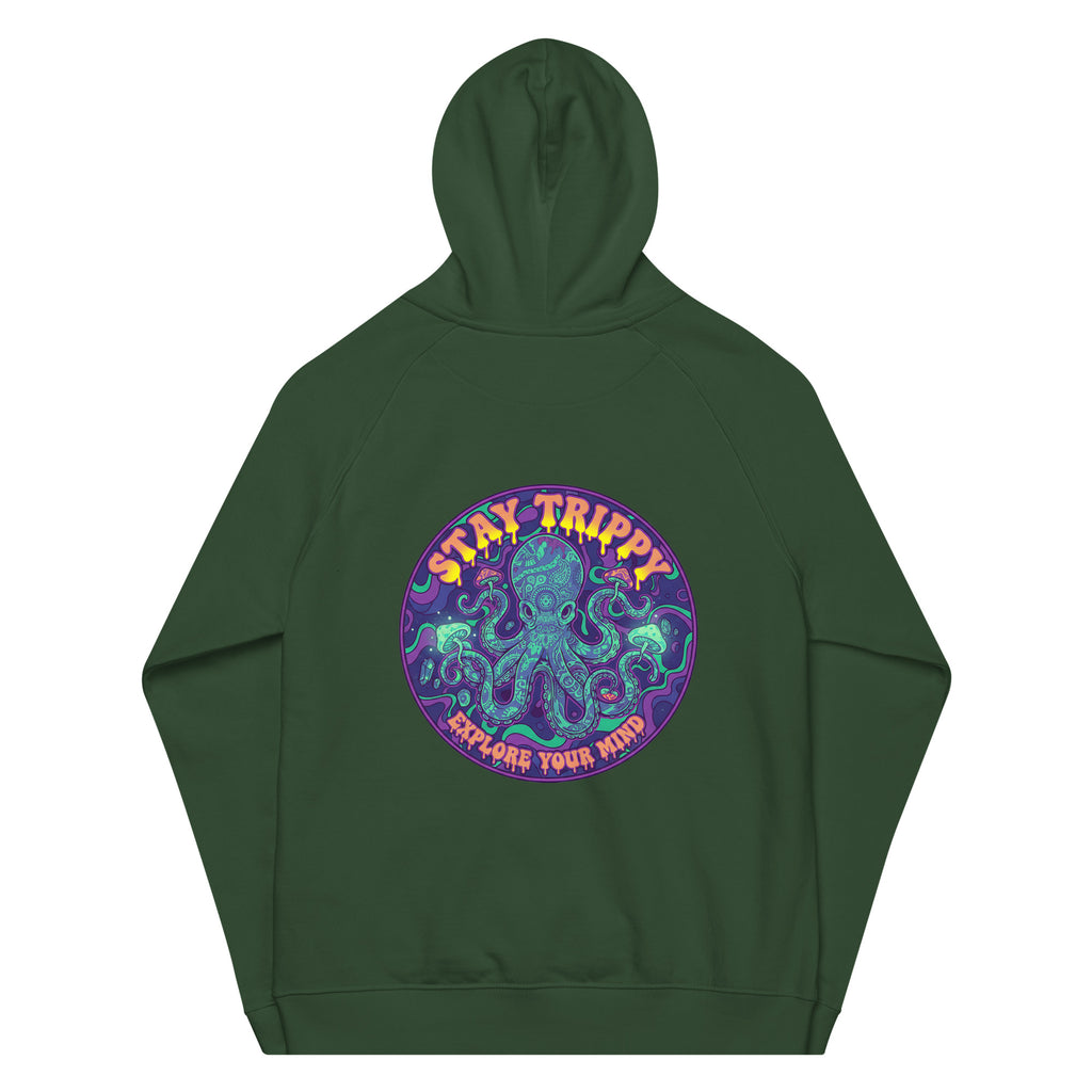 Leaky TS unisex eco raglan hoodie in bottle green featuring a "Stay Trippy - Explore Your Mind" graphic on the back.