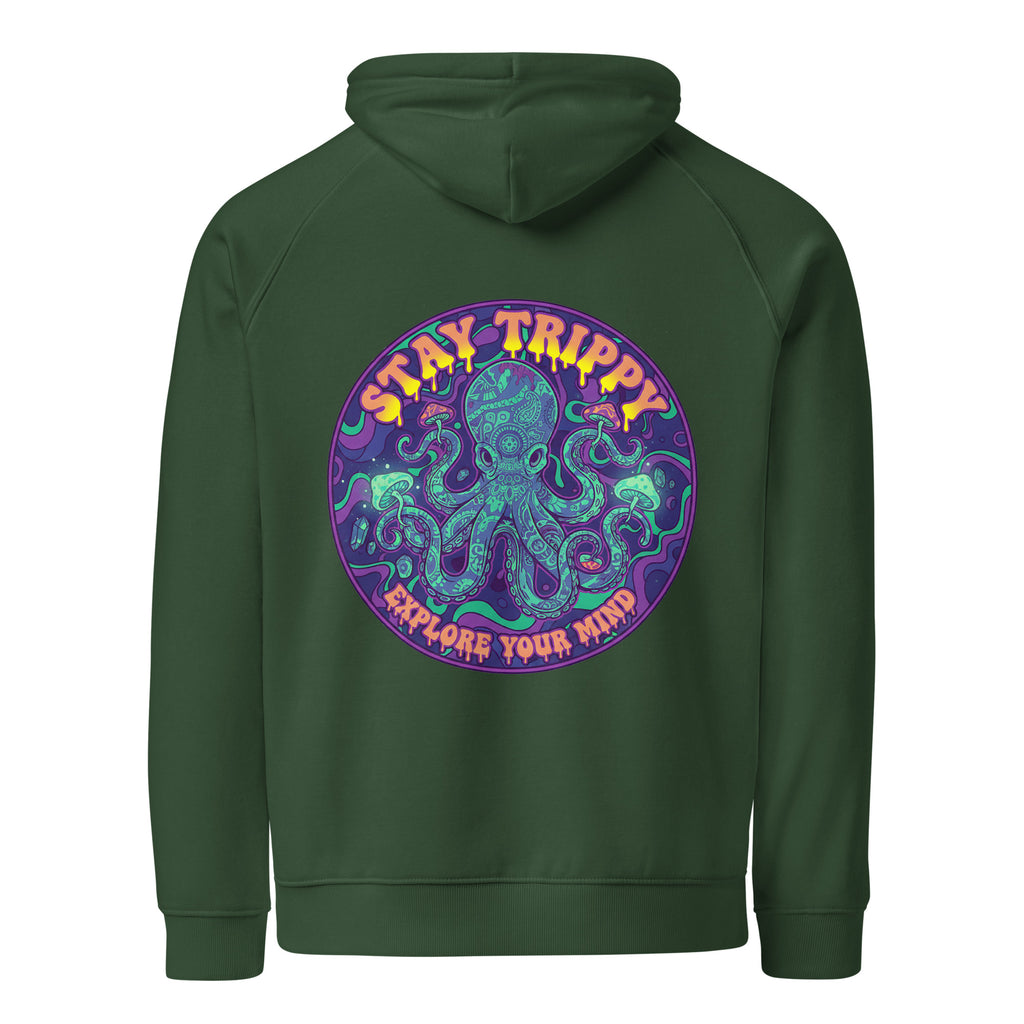 Unisex eco raglan hoodie in bottle green with "Stay Trippy - Explore Your Mind" design, by Leaky Ts, back view.