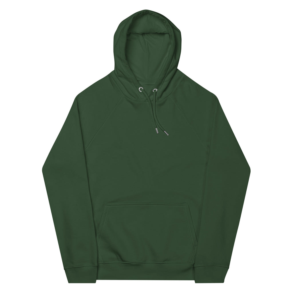 Leaky TS Stay Trippy explore your mind unisex eco raglan hoodie in bottle green, front view showing casual style and comfortable fit.
