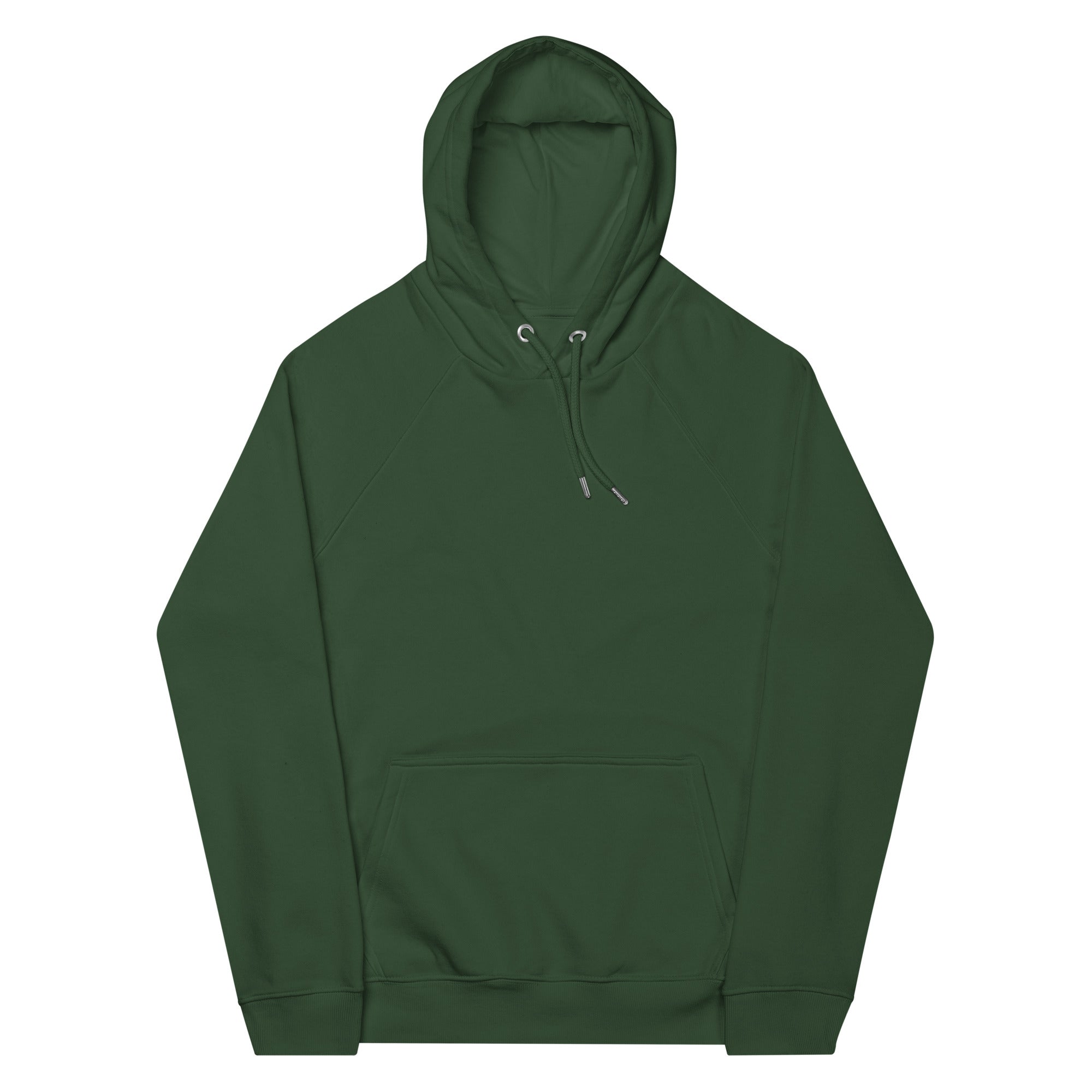 Leaky TS Stay Trippy explore your mind unisex eco raglan hoodie in bottle green, front view showing casual style and comfortable fit.