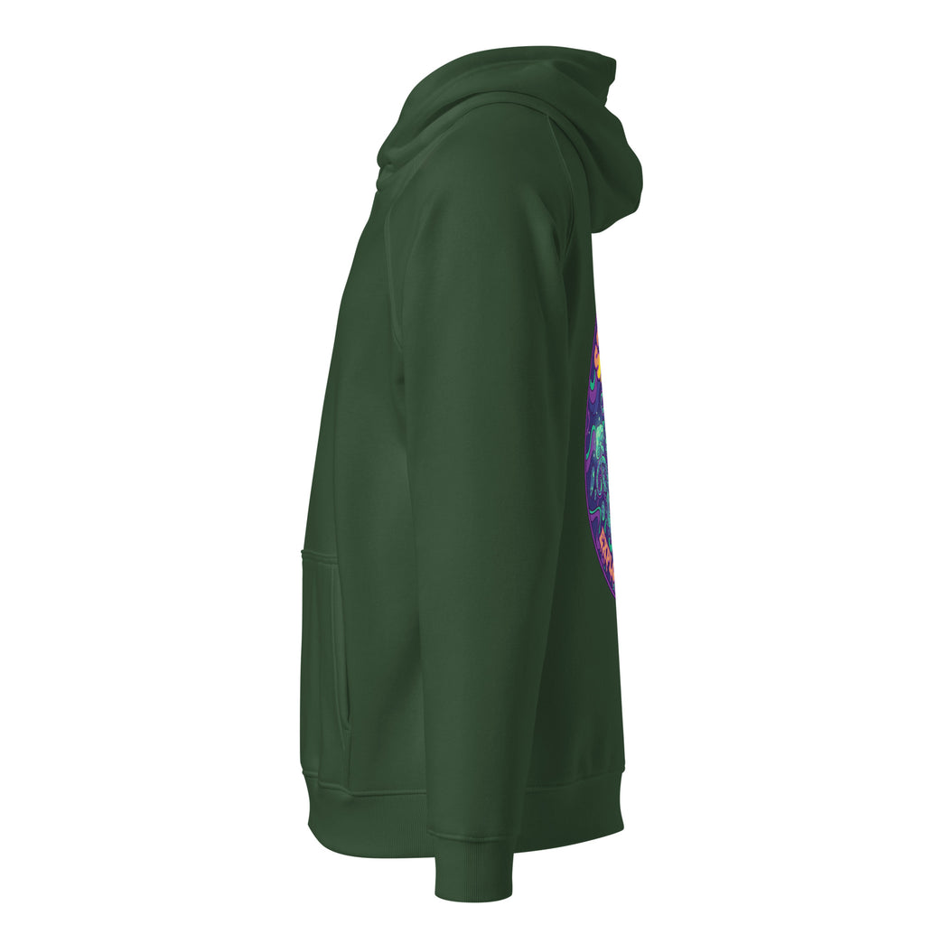 Leaky TS unisex eco raglan hoodie in bottle green featuring "Stay Trippy - Explore Your Mind" graphic design.