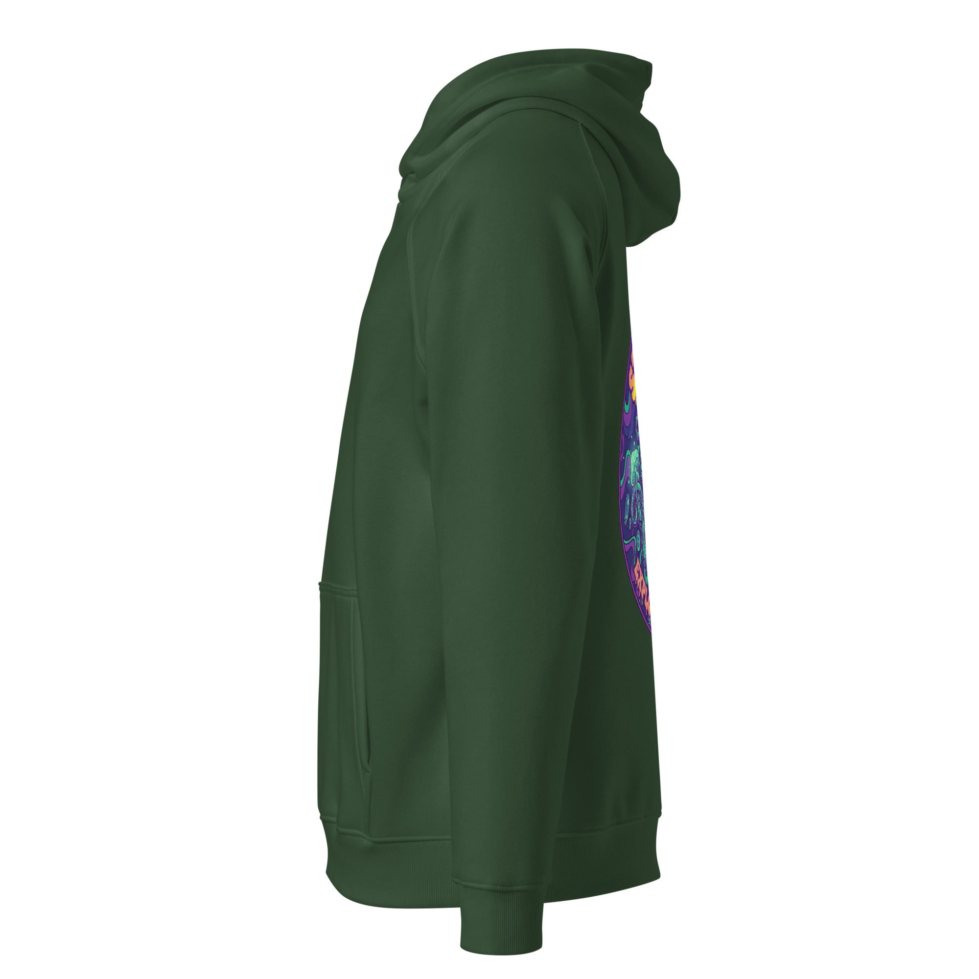 Leaky TS unisex eco raglan hoodie in bottle green featuring "Stay Trippy - Explore Your Mind" graphic design.