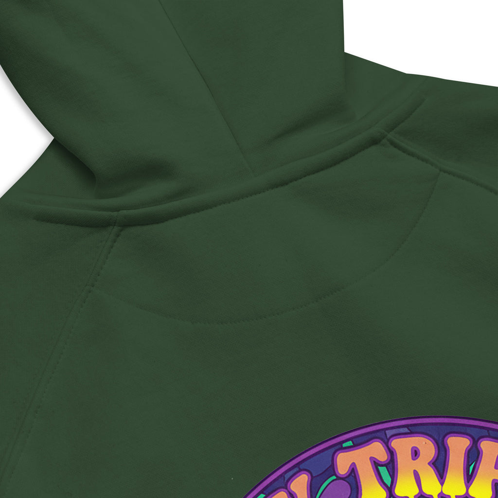 Unisex eco raglan hoodie in bottle green by Leaky TS featuring a relaxed fit and soft cotton fabric, perfect for casual wear.
