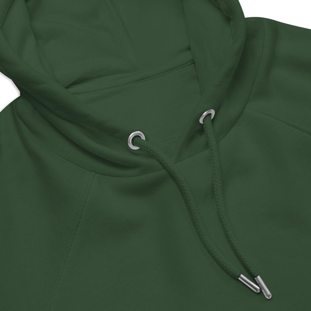 Unisex eco raglan hoodie in bottle green from Leaky Ts with "Stay Trippy Explore Your Mind" graphic design.