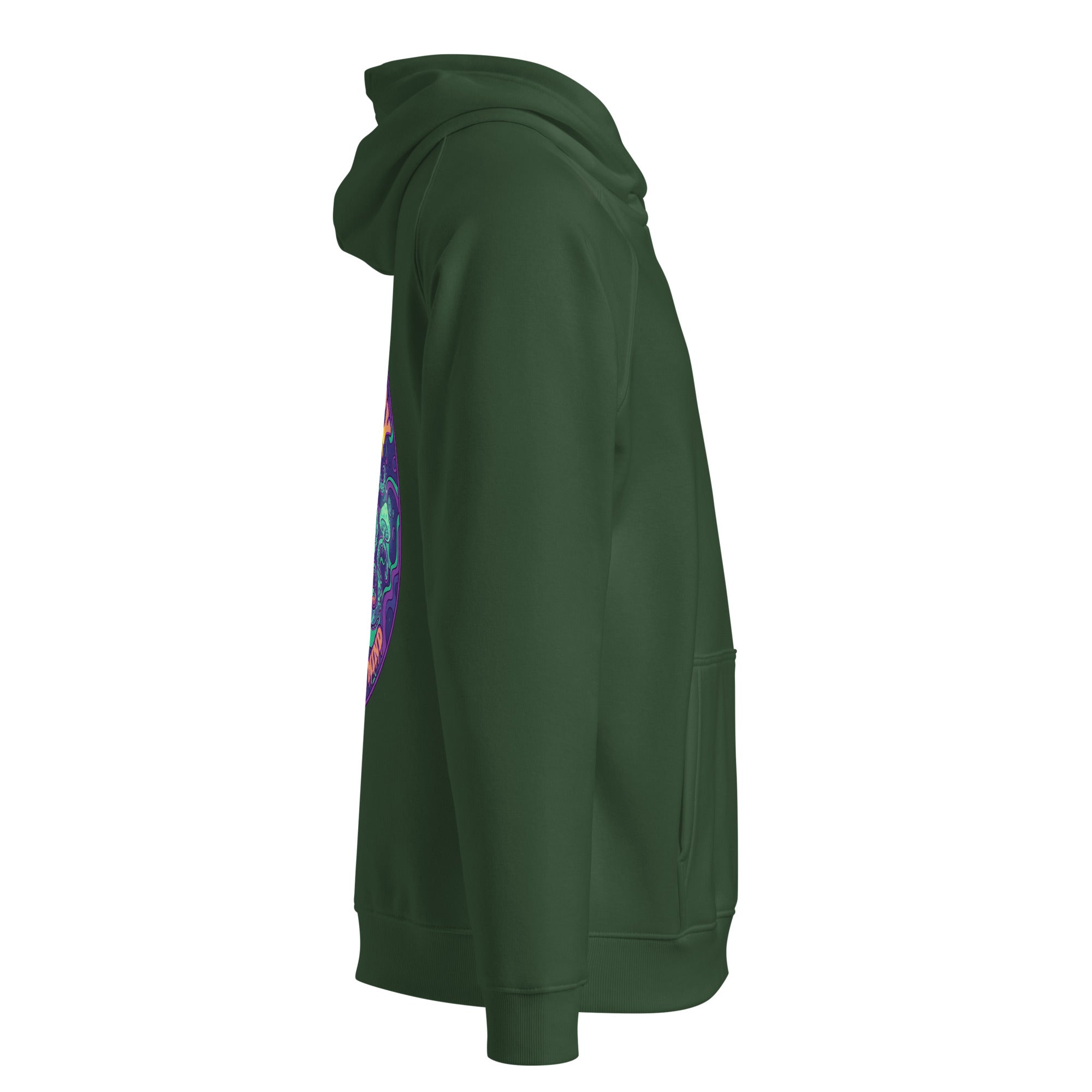 Unisex eco raglan hoodie in bottle green featuring "Stay Trippy Explore Your Mind" design by Leaky TS.