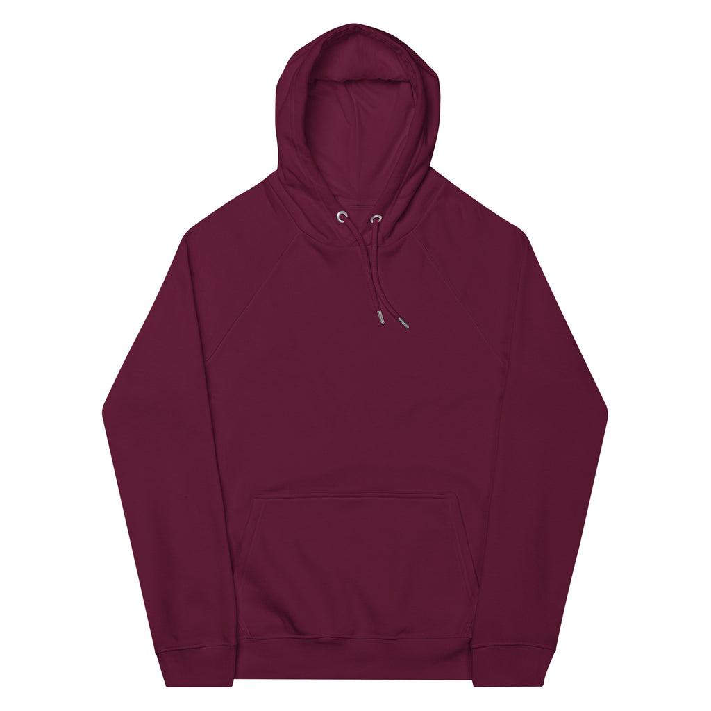 Leaky TS Stay Trippy explore your mind unisex eco raglan hoodie in burgundy, front view showing graphic design and comfortable fit.