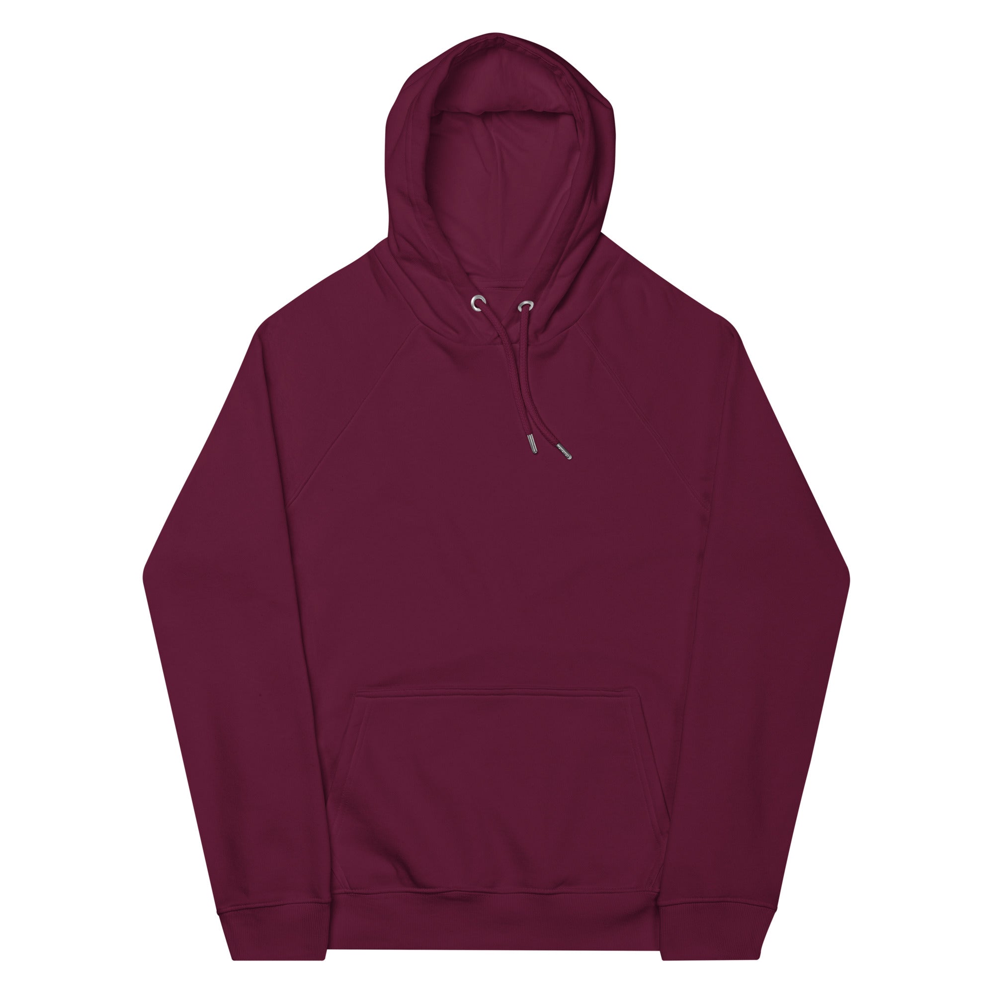 Leaky TS Stay Trippy explore your mind unisex eco raglan hoodie in burgundy, front view showing graphic design and comfortable fit.