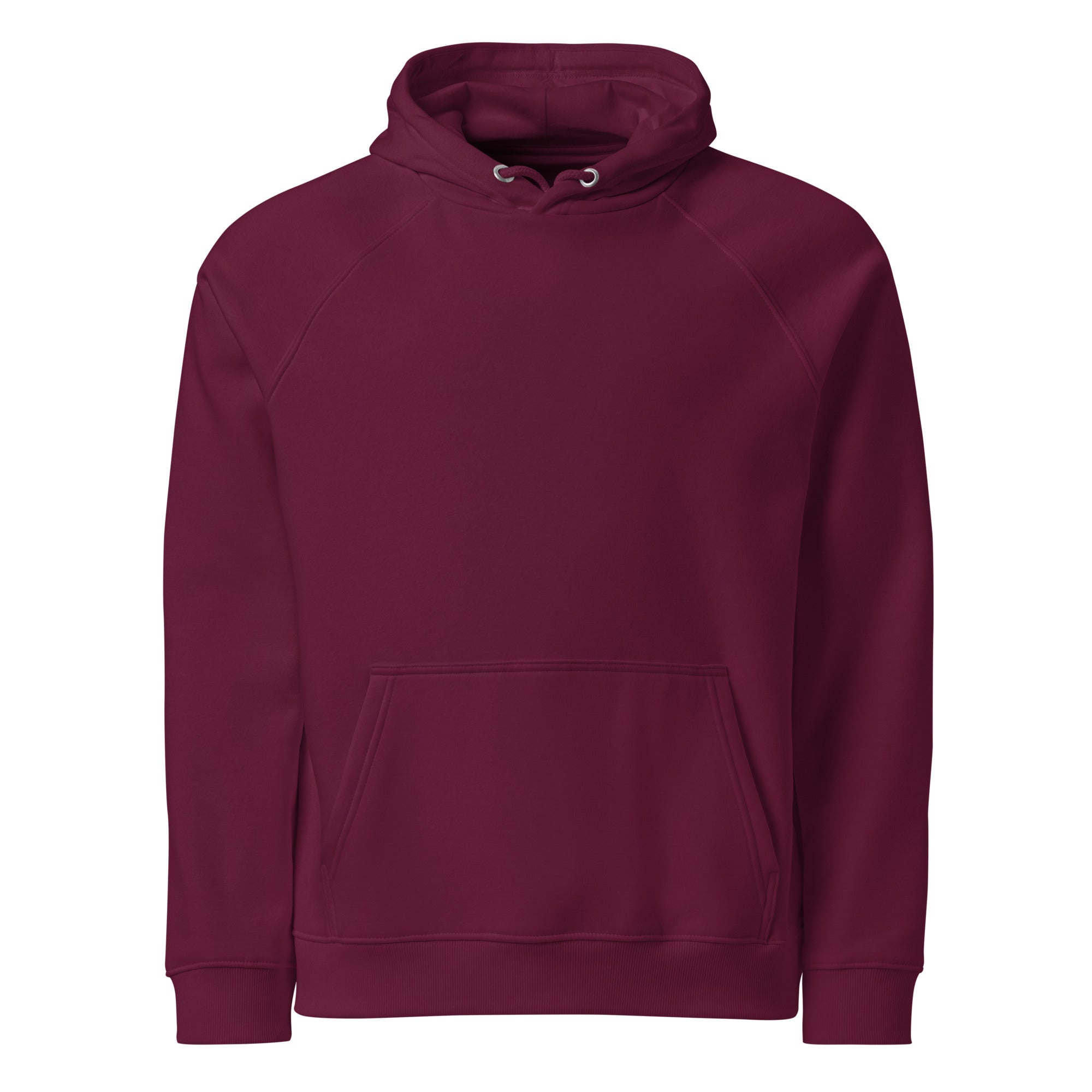 Unisex burgundy eco raglan hoodie featuring "Stay Trippy - Explore Your Mind" graphic by Leaky TS, front view.