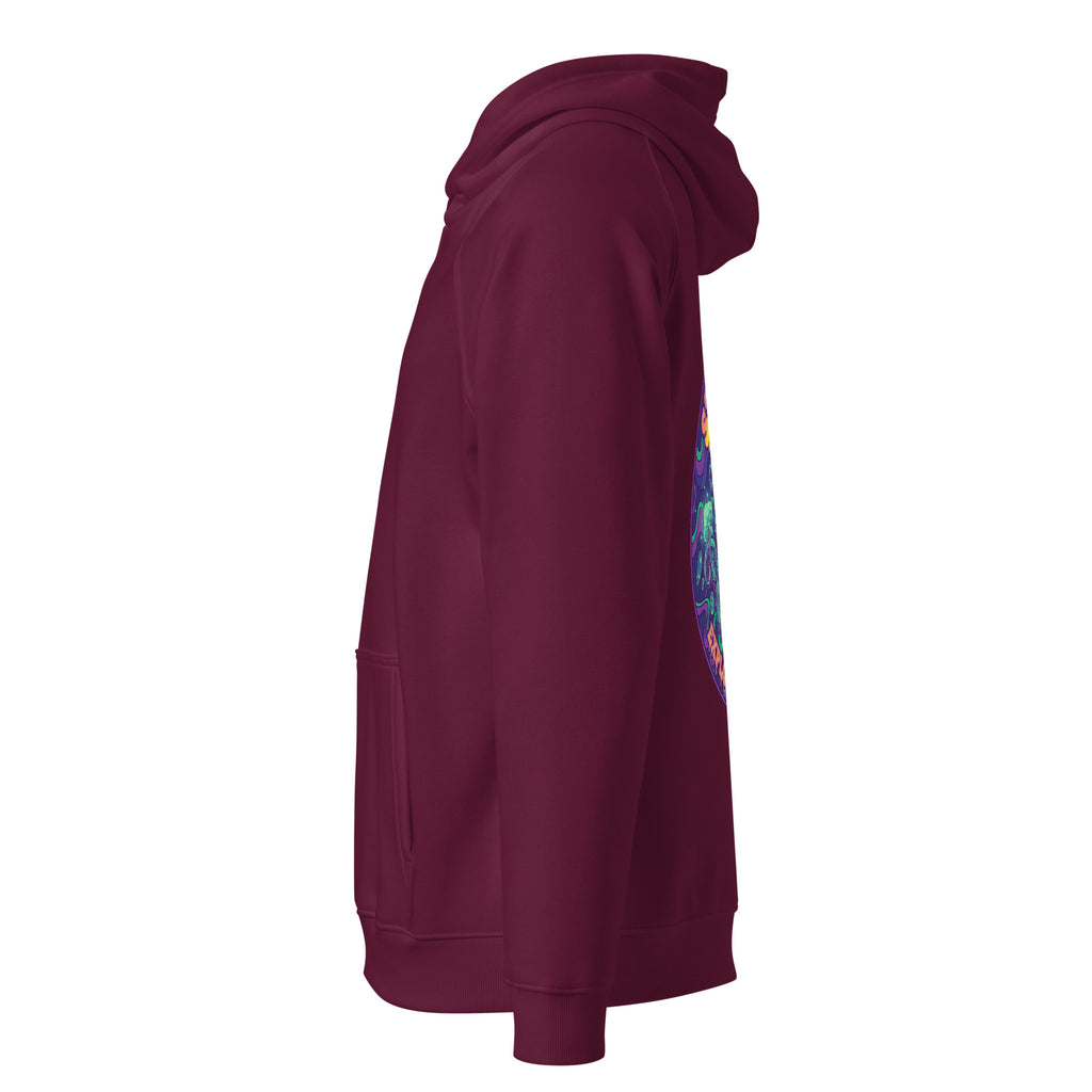 Unisex burgundy eco raglan hoodie featuring "Stay Trippy - Explore Your Mind" graphic by Leaky Ts, casual streetwear style.