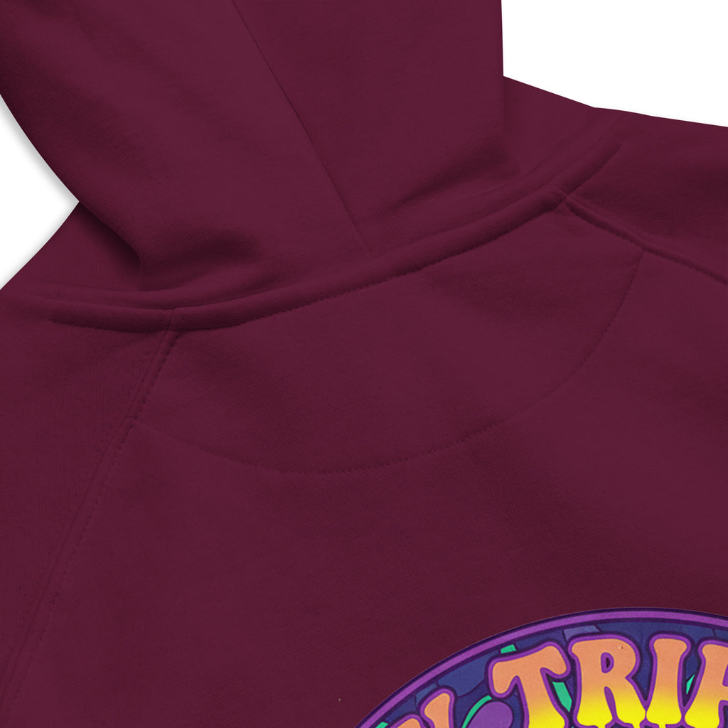 Unisex burgundy hoodie from Leaky TS with "Stay Trippy Explore Your Mind" graphic, eco-friendly raglan design and comfortable fit.
