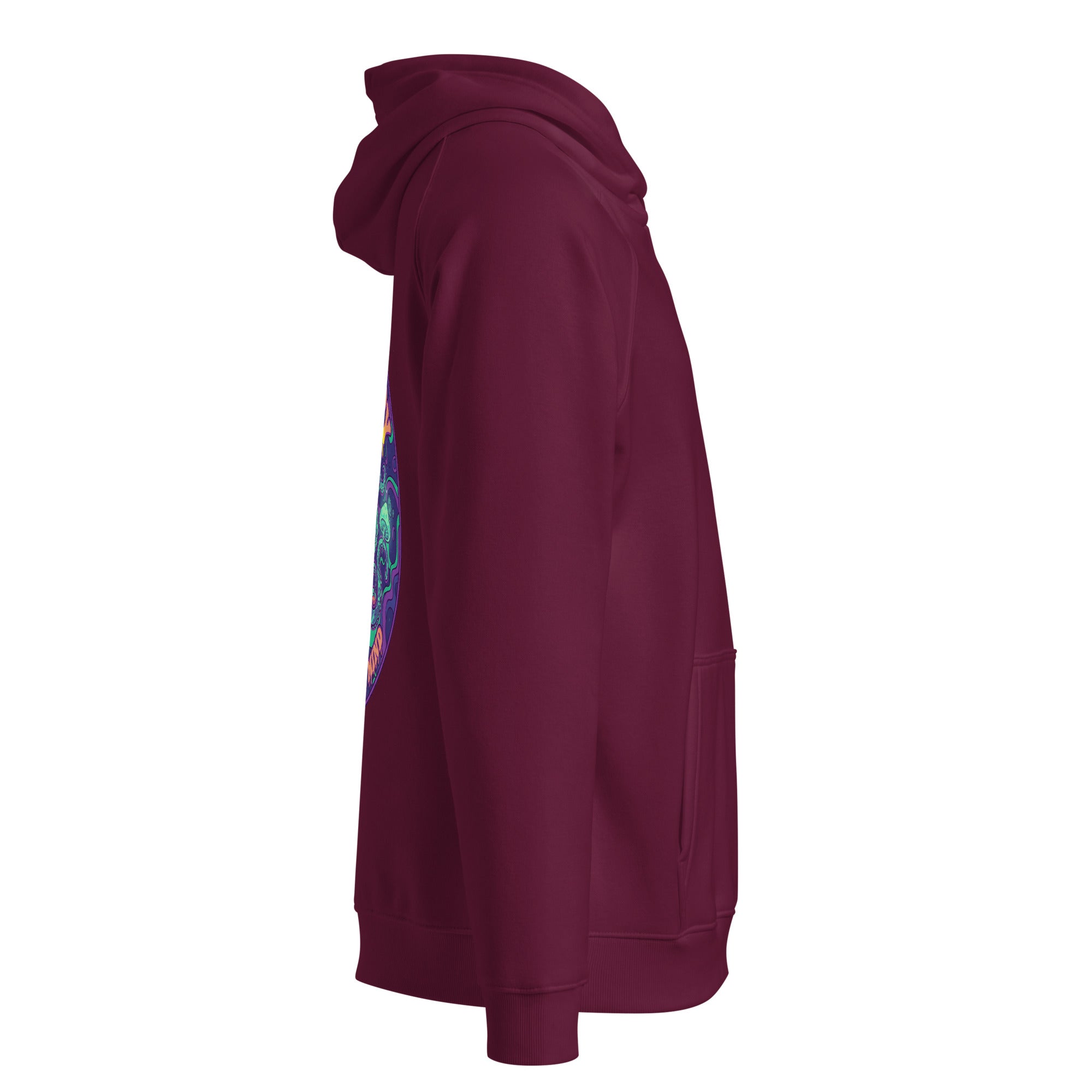 Unisex burgundy eco raglan hoodie featuring a "Stay Trippy - Explore Your Mind" design by Leaky TS.