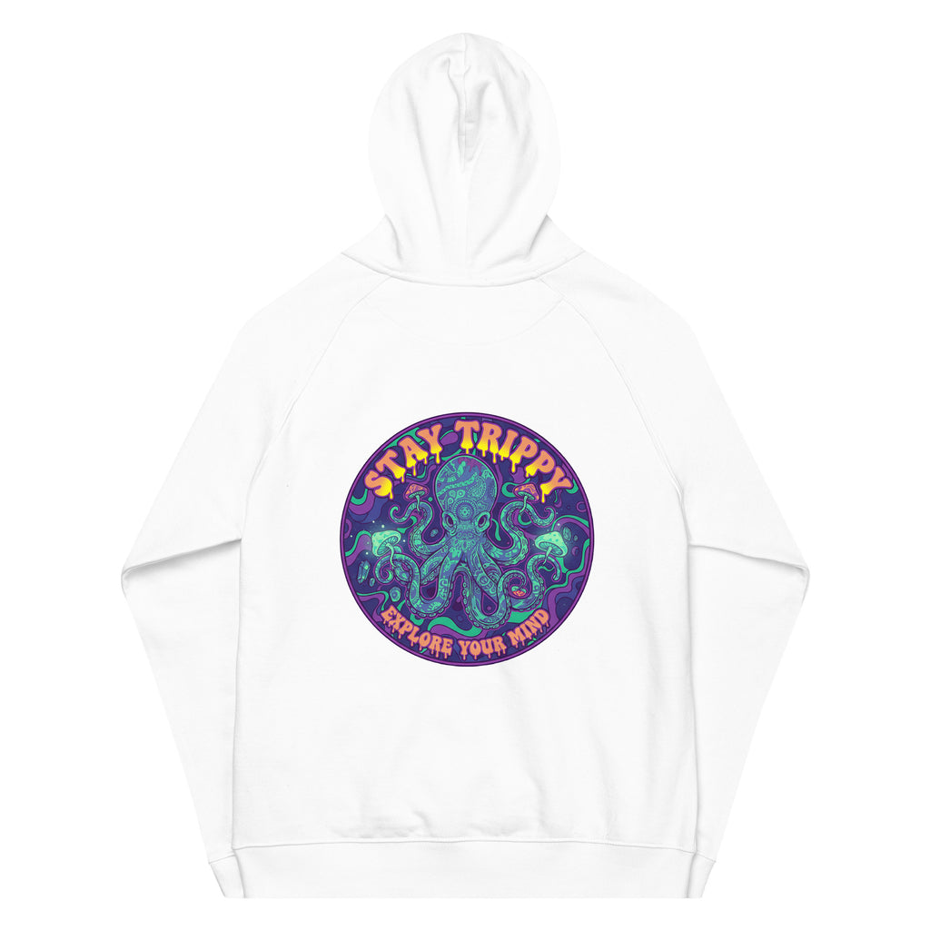 Unisex white raglan hoodie from Leaky TS with "Stay Trippy Explore Your Mind" graphic on the back, eco-friendly casual wear.
