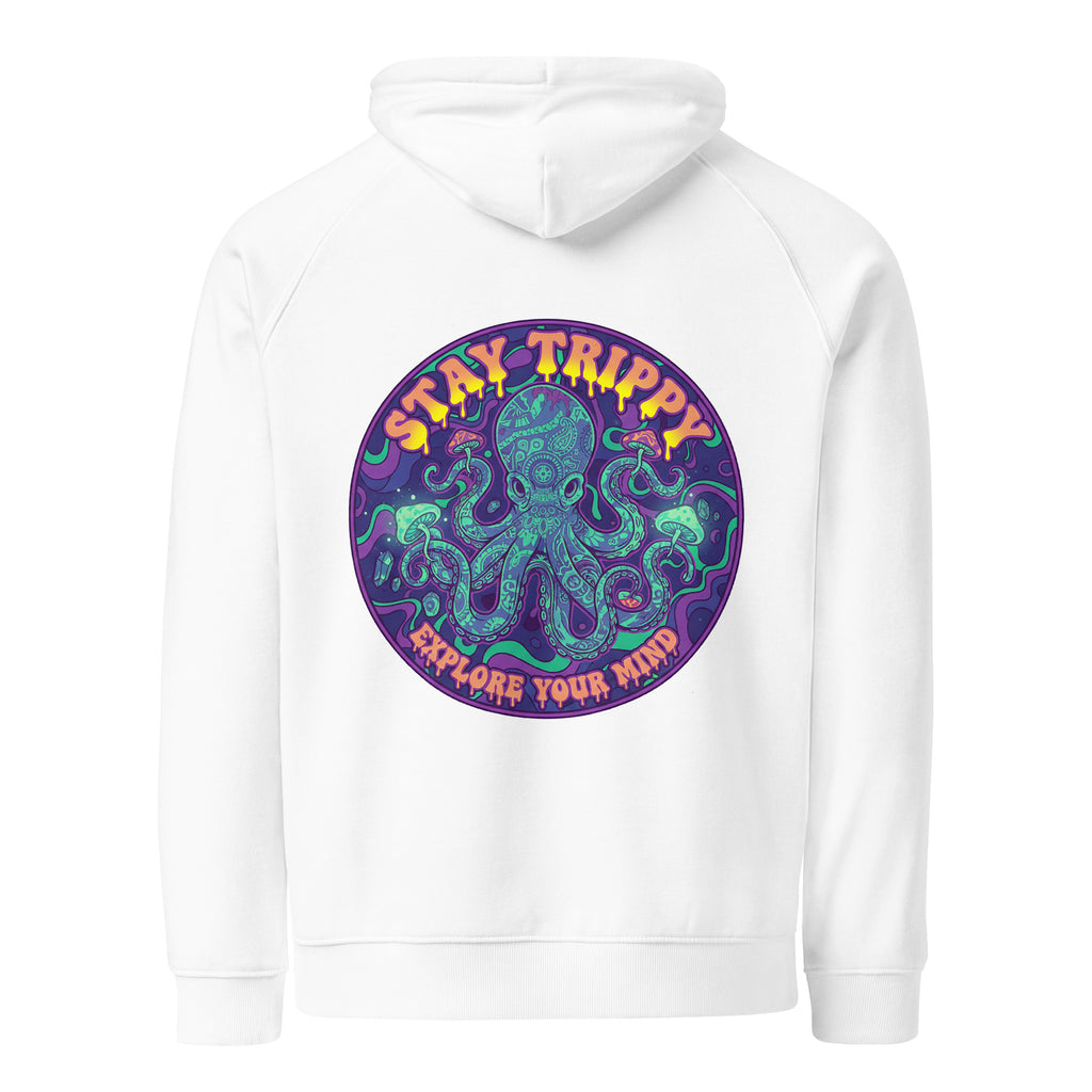 Leaky TS unisex eco raglan hoodie in white with "Stay Trippy - Explore Your Mind" graphic on the back.