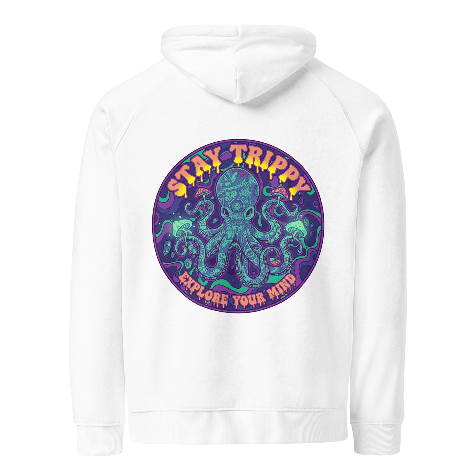 Leaky TS unisex eco raglan hoodie in white with "Stay Trippy - Explore Your Mind" graphic on the back.