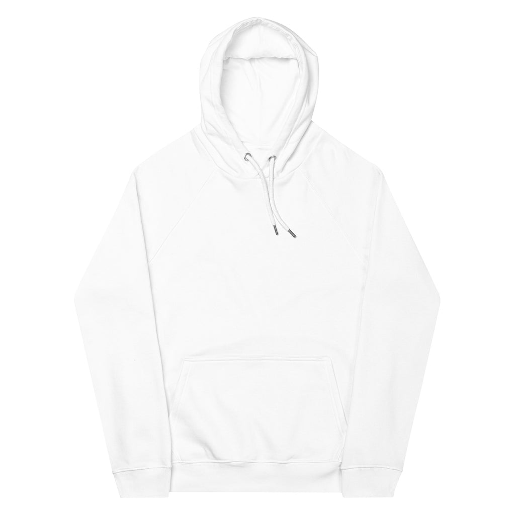 White unisex eco raglan hoodie featuring "Stay Trippy - Explore Your Mind" design by Leaky TS, front view.