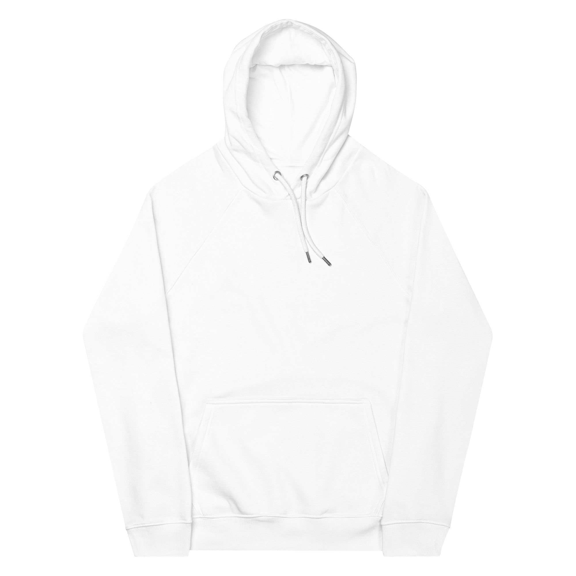 White unisex eco raglan hoodie featuring "Stay Trippy - Explore Your Mind" design by Leaky TS, front view.