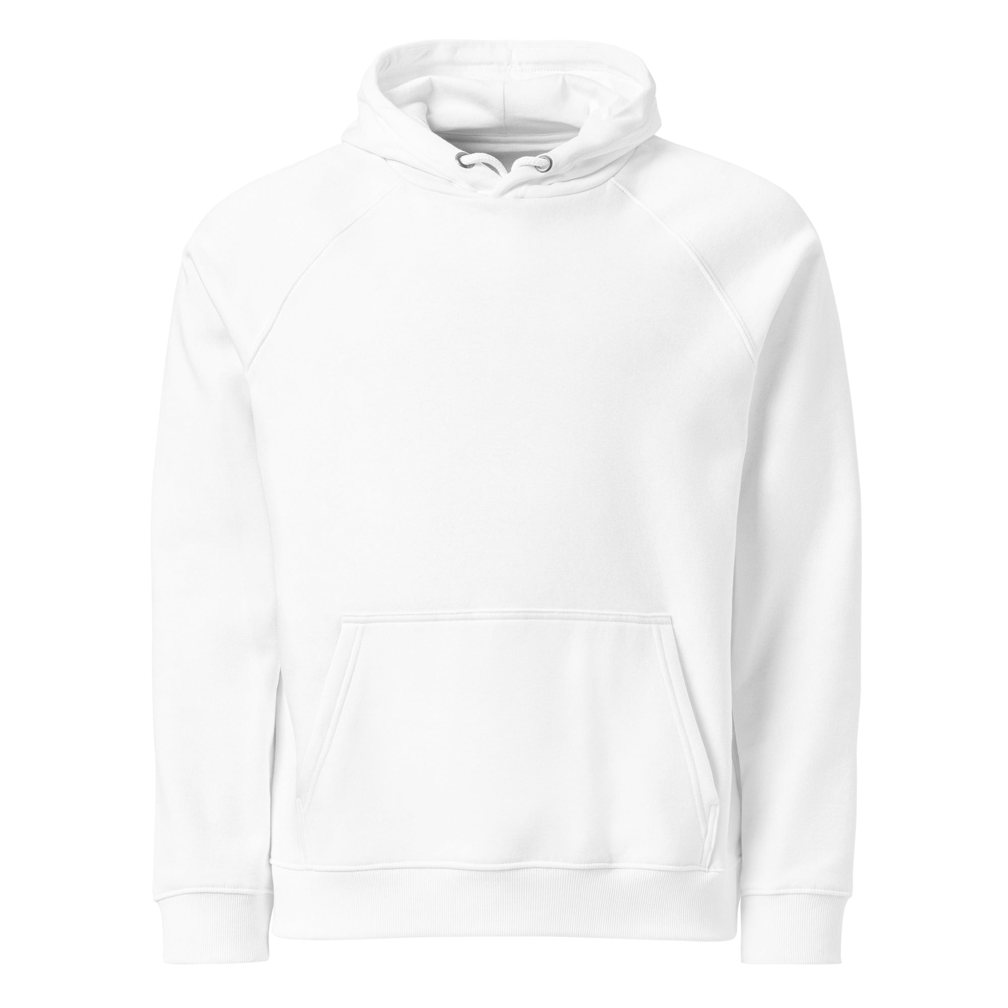 White unisex eco raglan hoodie featuring "Stay Trippy — Explore Your Mind" graphic by Leaky TS, front view.