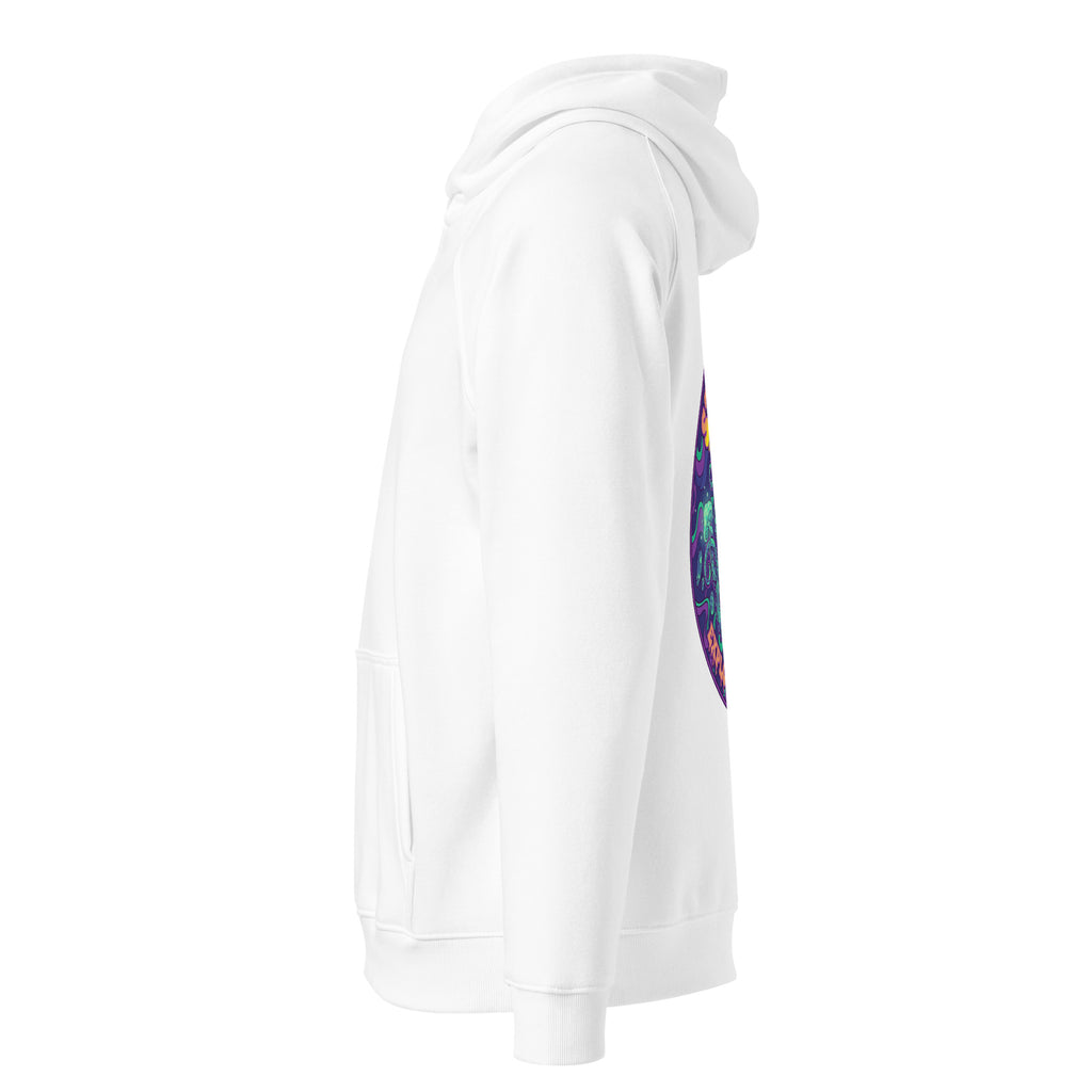 Leaky TS Stay Trippy explore your mind unisex eco raglan hoodie in white with graphic design on front.