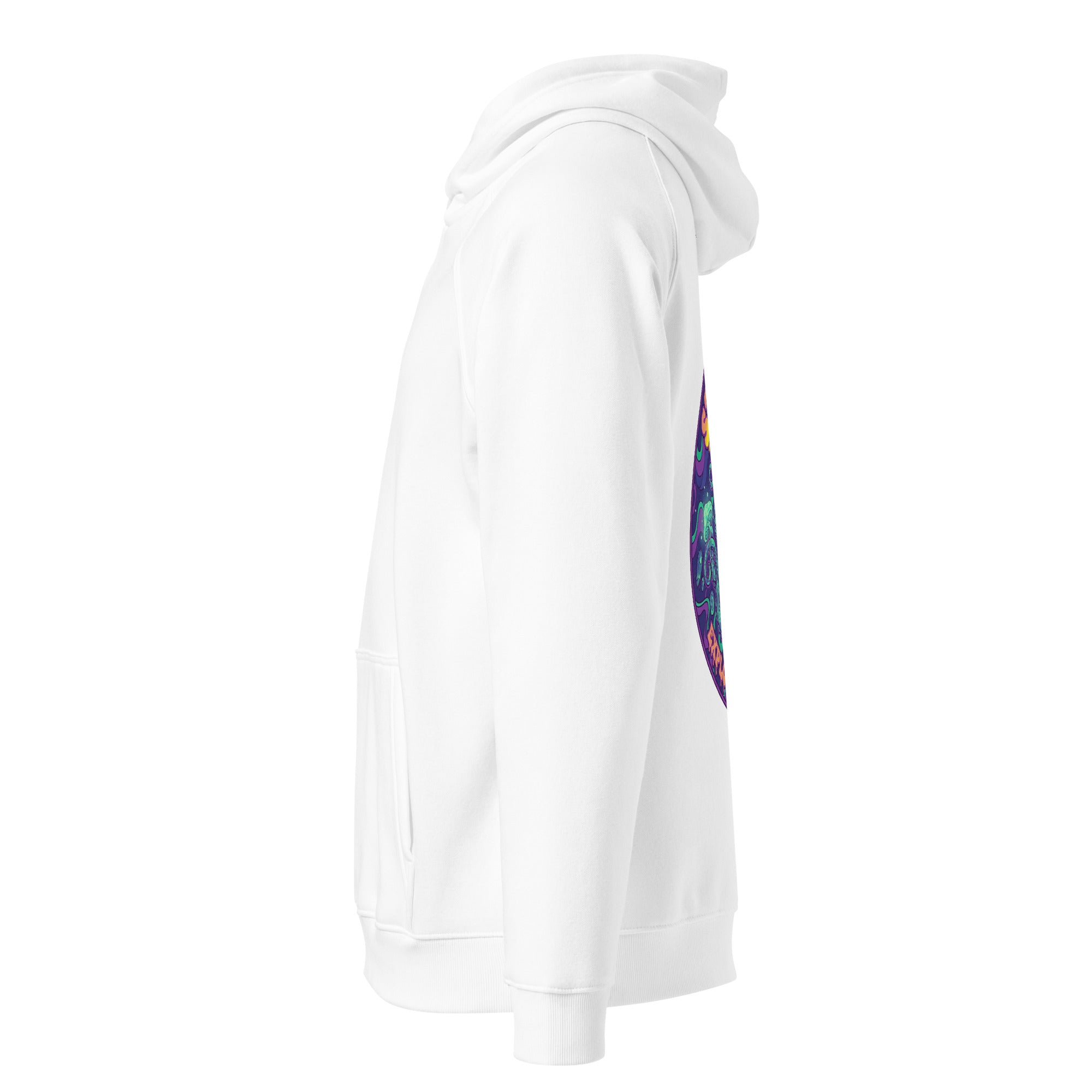 Leaky TS Stay Trippy explore your mind unisex eco raglan hoodie in white with graphic design on front.