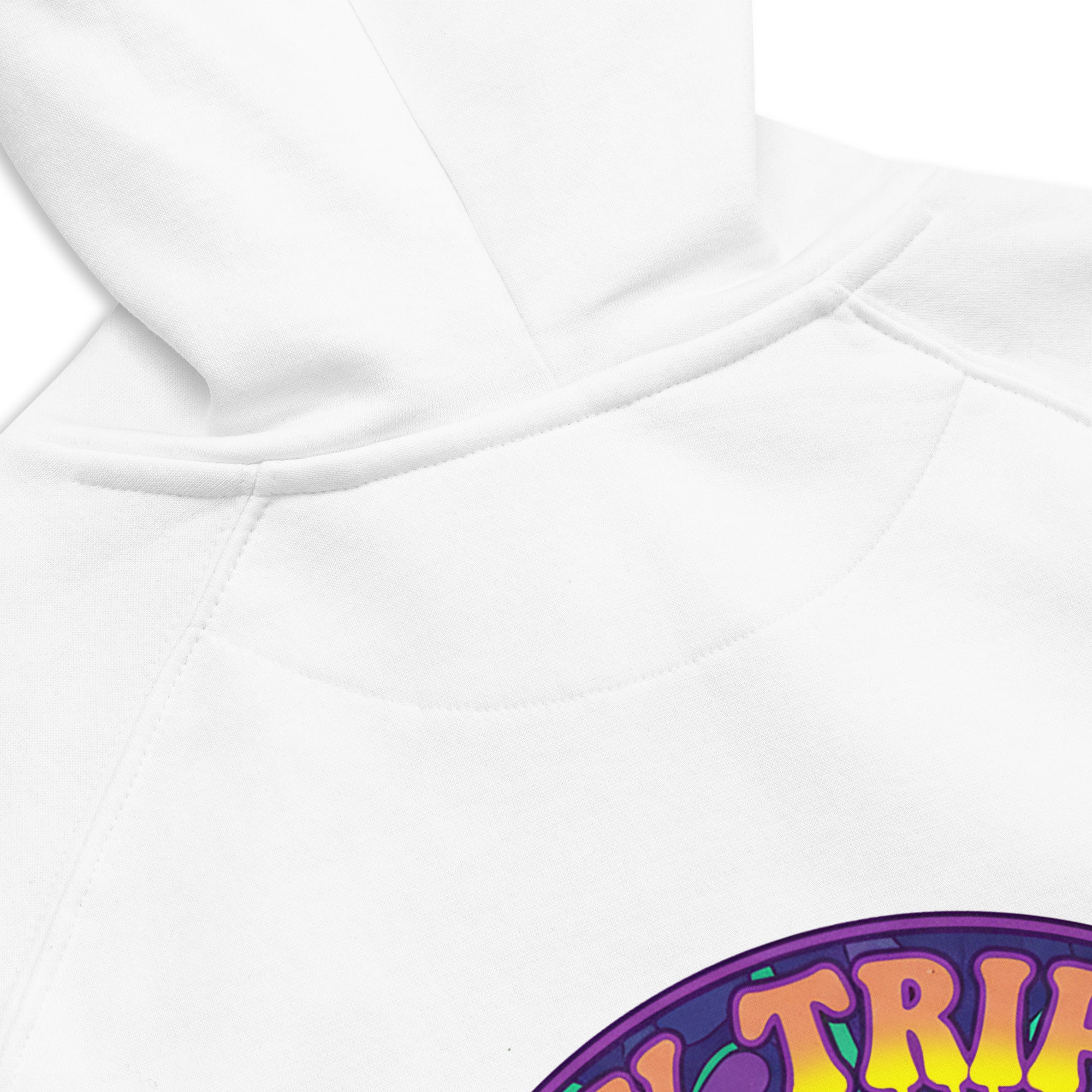 Unisex eco raglan hoodie by Leaky TS featuring a white design with "Stay Trippy Explore Your Mind" graphic.
