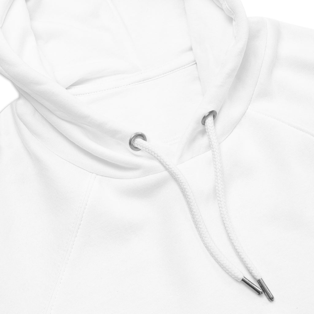Leaky TS Stay Trippy Explore Your Mind unisex eco raglan hoodie in white, featuring artistic graphic design on the front.