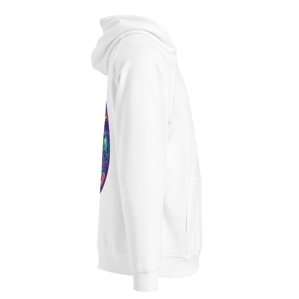 Leaky TS Stay Trippy Explore Your Mind unisex eco raglan hoodie in white with graphic design on front.