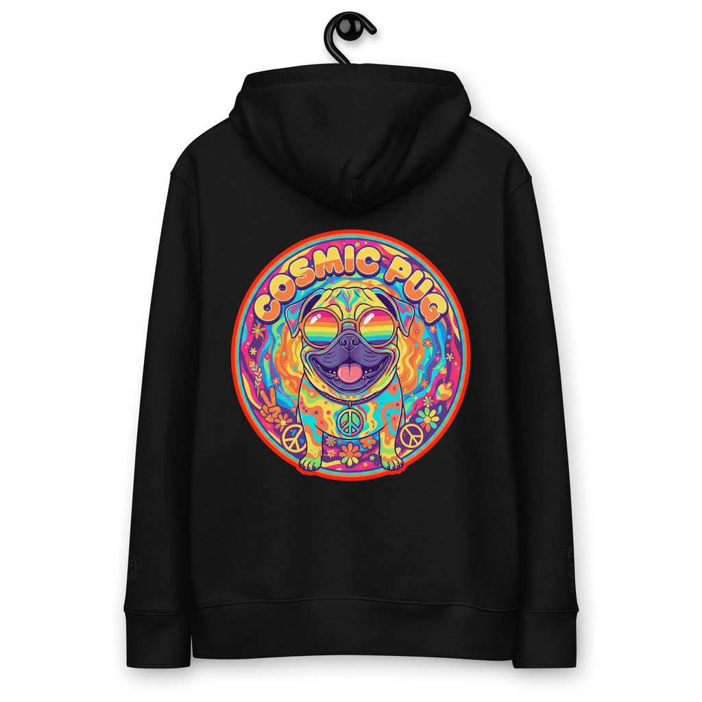 Unisex black cosmic pug hoodie by Leaky ts made from 100% organic cotton, showing the back view with cosmic pug graphic.