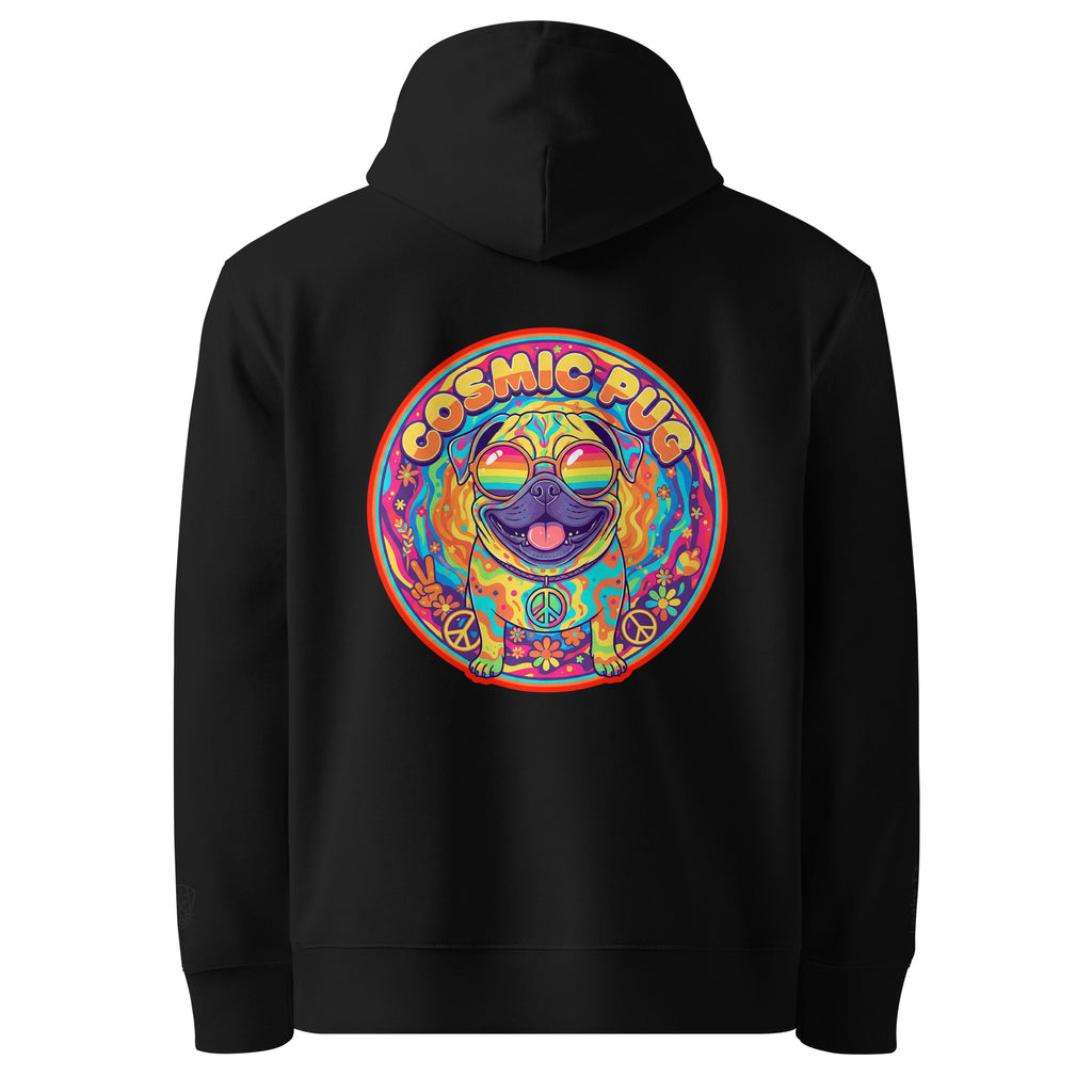 Unisex black Cosmic Pug hoodie by Leaky ts made from 100% organic cotton, showing the back design with cosmic pug graphic.