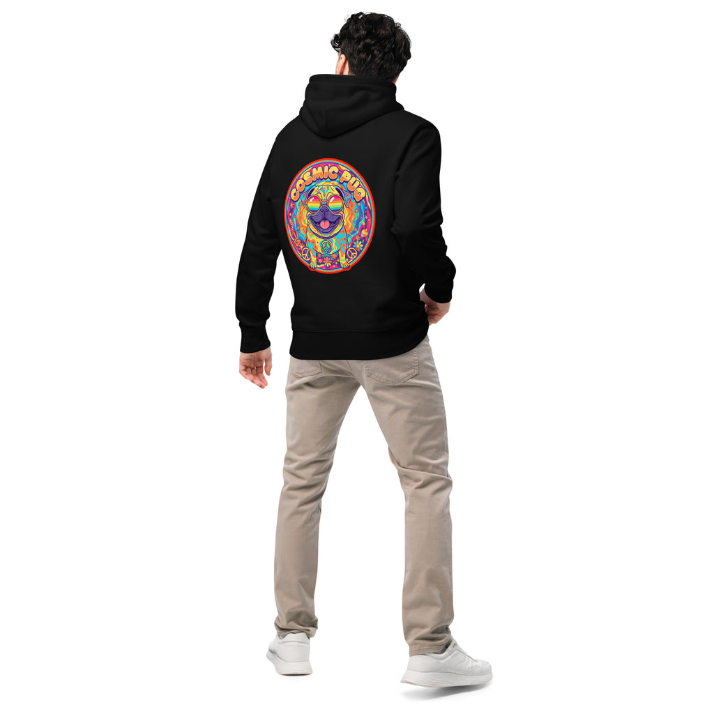 Unisex black Cosmic Pug Hoodie by Leaky ts made from 100% organic cotton, showing the back with a cosmic pug graphic.