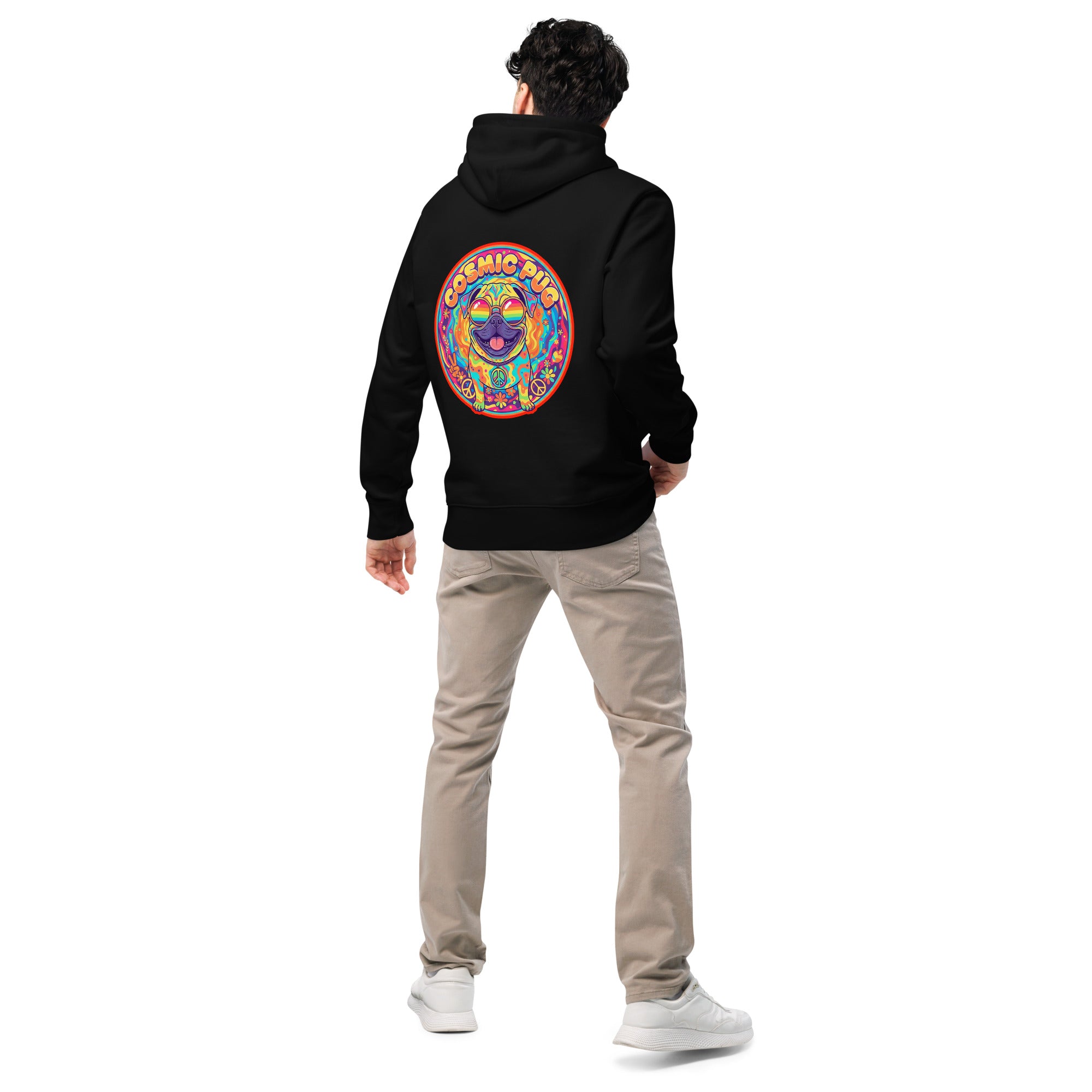 Unisex black Cosmic Pug Hoodie by Leaky ts made from 100% organic cotton, showing the back with a cosmic pug graphic.