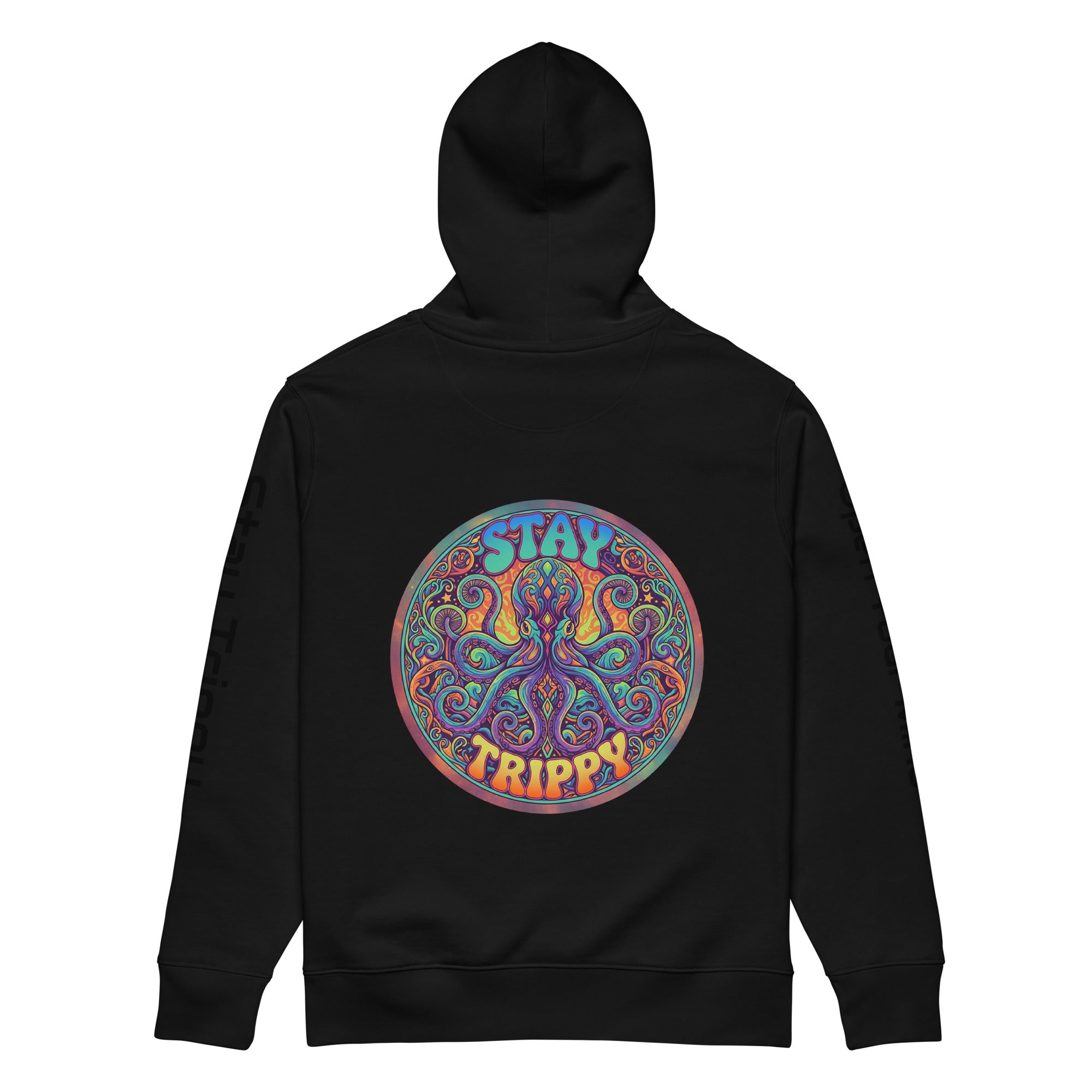 Black Leaky Ts Stay Trippy hoodie made of 100% organic cotton, featuring a unisex eco-friendly design and back graphic.