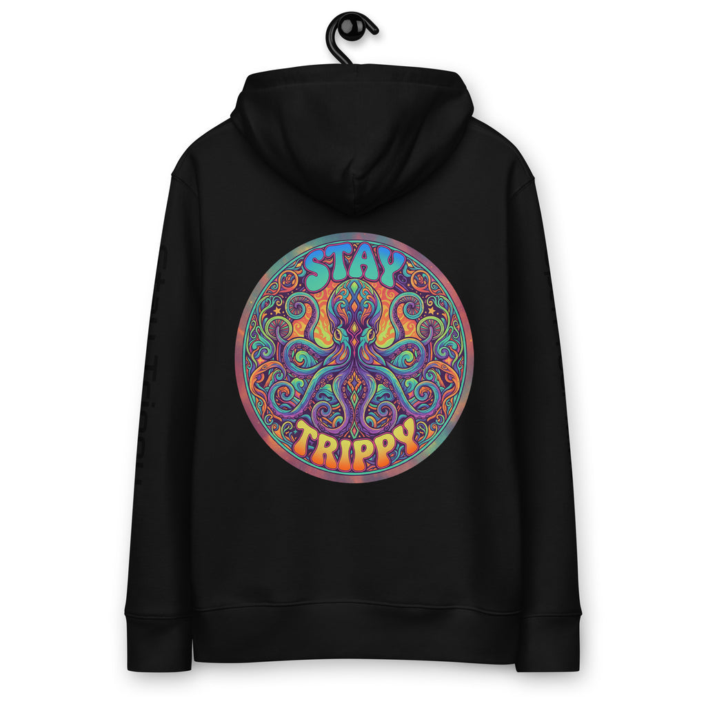 Black Stay Trippy Hoodie by Leaky Ts made from 100% organic cotton, featuring a unisex fit and eco-friendly design.