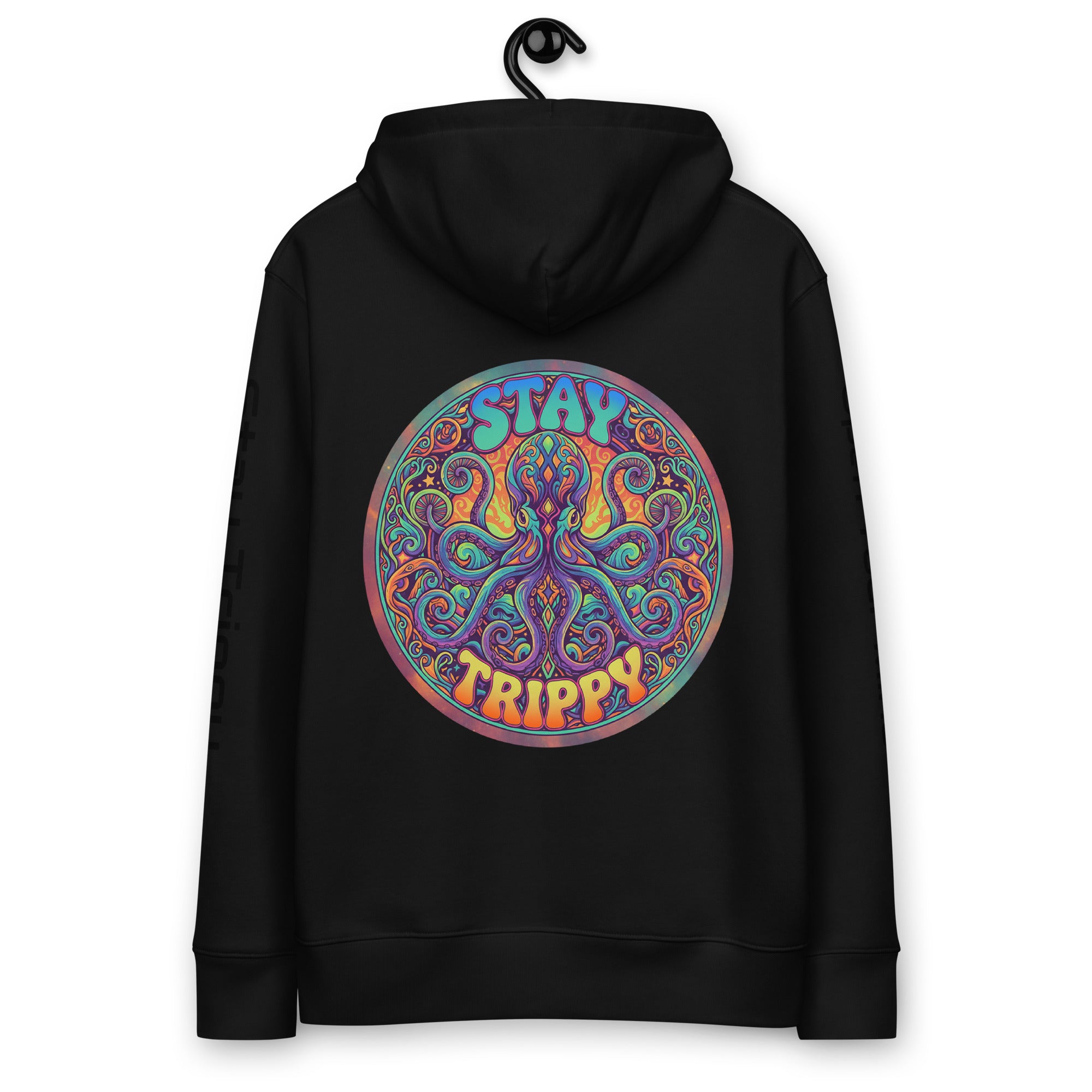 Black Stay Trippy Hoodie by Leaky Ts made from 100% organic cotton, featuring a unisex fit and eco-friendly design.