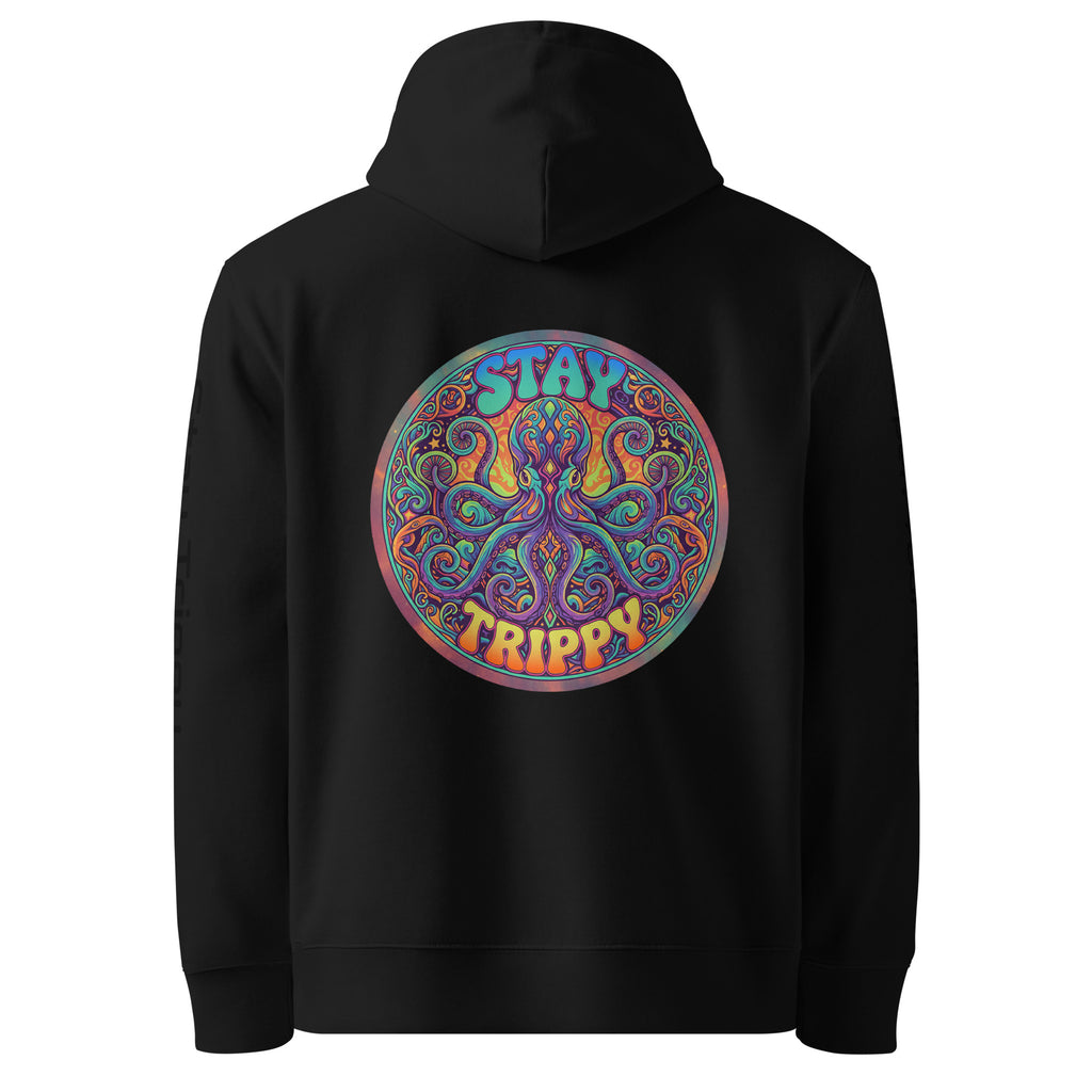 Unisex black Stay Trippy hoodie by Leaky Ts made of 100% organic cotton, shown from the back with a simple design.