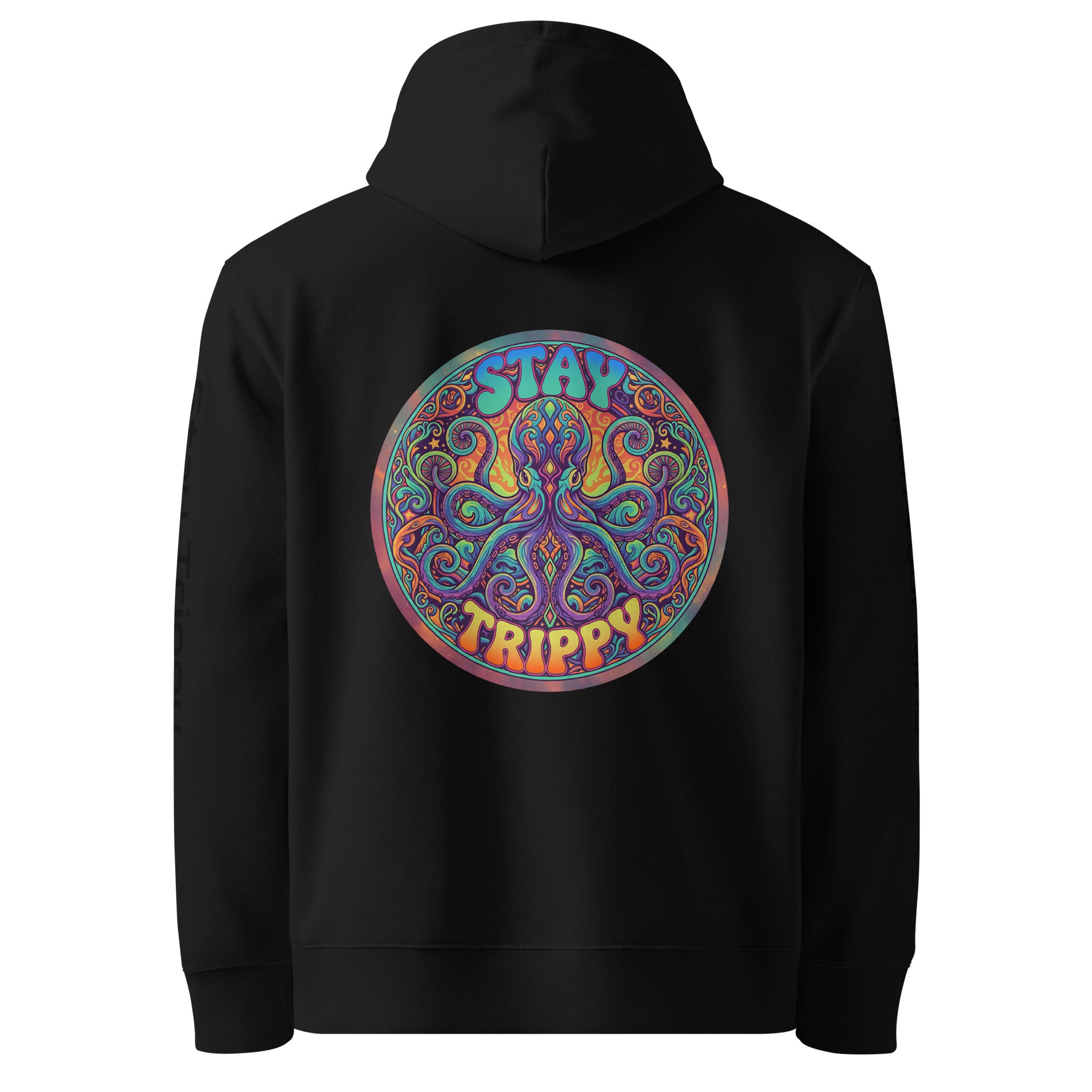 Unisex black Stay Trippy hoodie by Leaky Ts made of 100% organic cotton, shown from the back with a simple design.