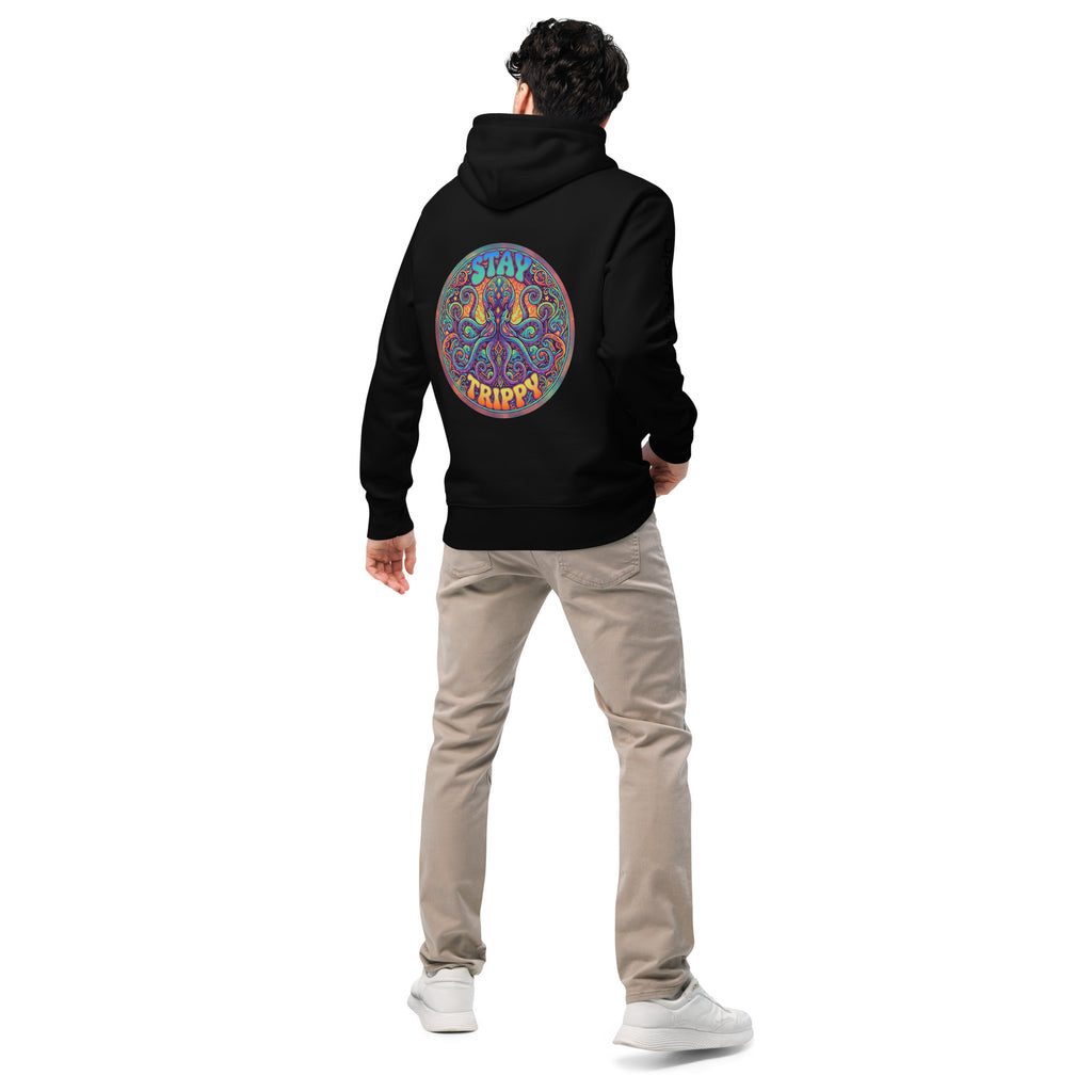 Black unisex Stay Trippy hoodie by Leaky Ts made from 100% organic cotton, showing the back design and relaxed fit.