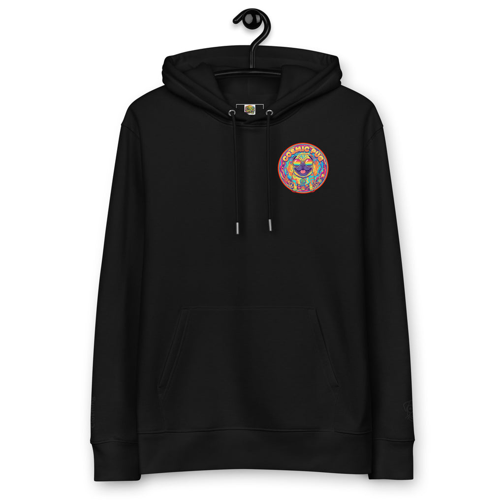 Unisex black Cosmic Pug hoodie by Leaky ts made from 100% organic cotton, front view showcasing the graphic design.