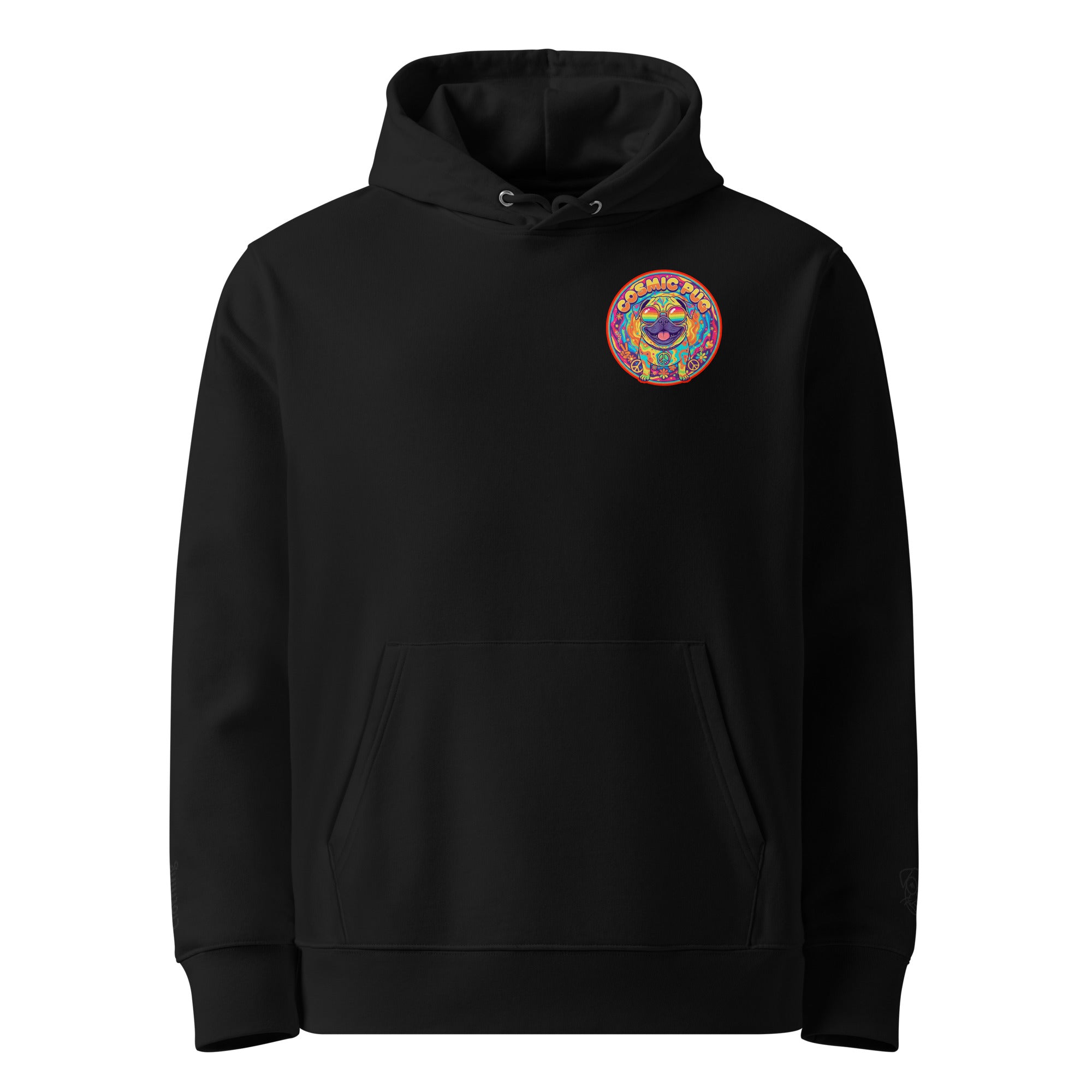 Unisex black Cosmic Pug hoodie by Leaky ts made of 100% organic cotton, front view showing pug graphic design.