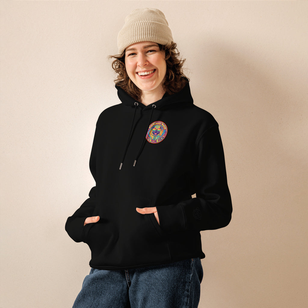 Unisex black Cosmic Pug hoodie by Leaky ts made of 100% organic cotton, front view showing colorful pug graphic.