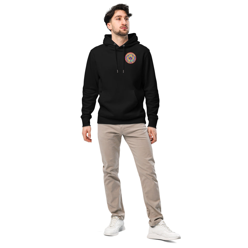 Black Cosmic Pug Hoodie by Leaky ts, unisex eco hoodie made from 100% organic cotton, front view showcasing pug graphic design.