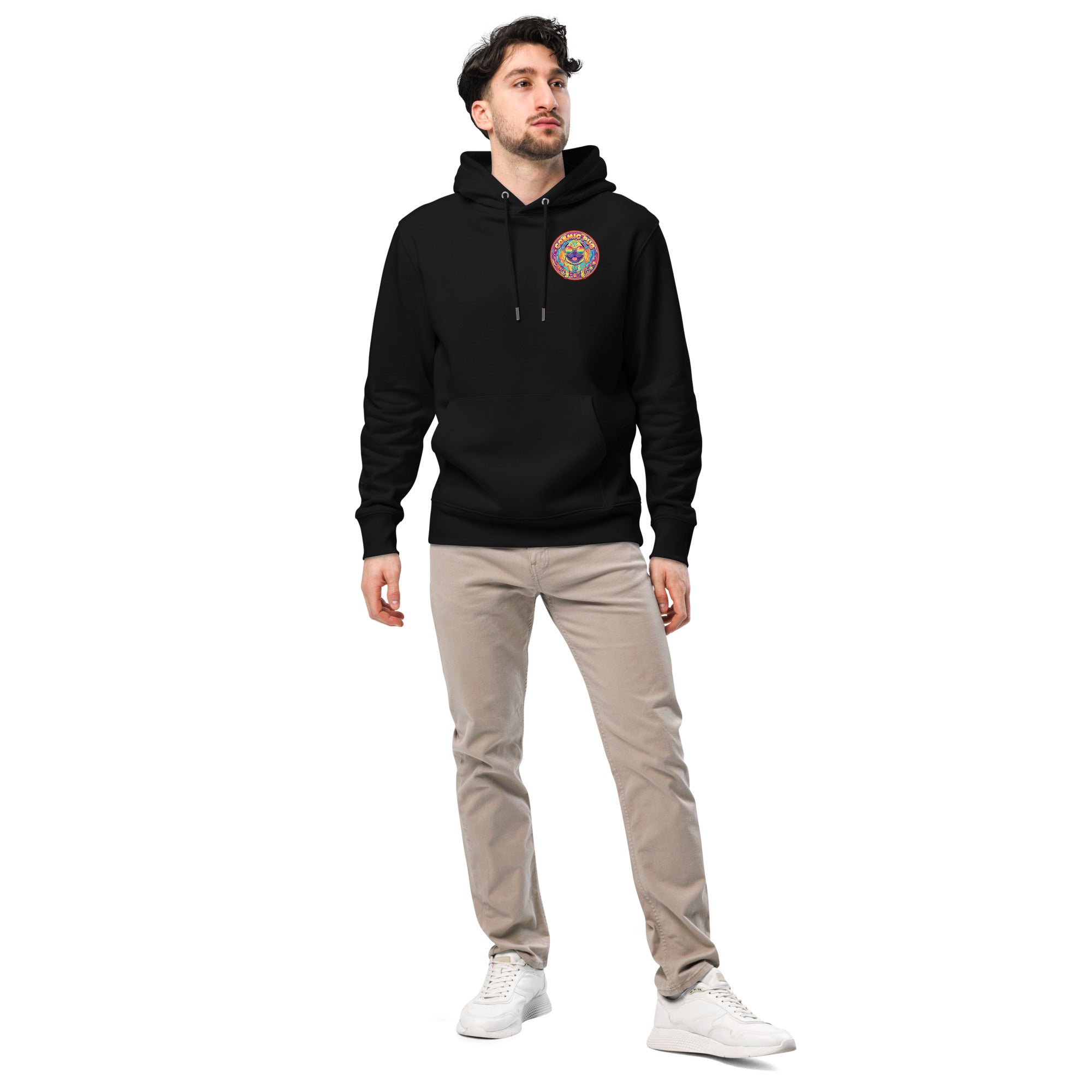 Black Cosmic Pug Hoodie by Leaky ts, unisex eco hoodie made from 100% organic cotton, front view showcasing pug graphic design.
