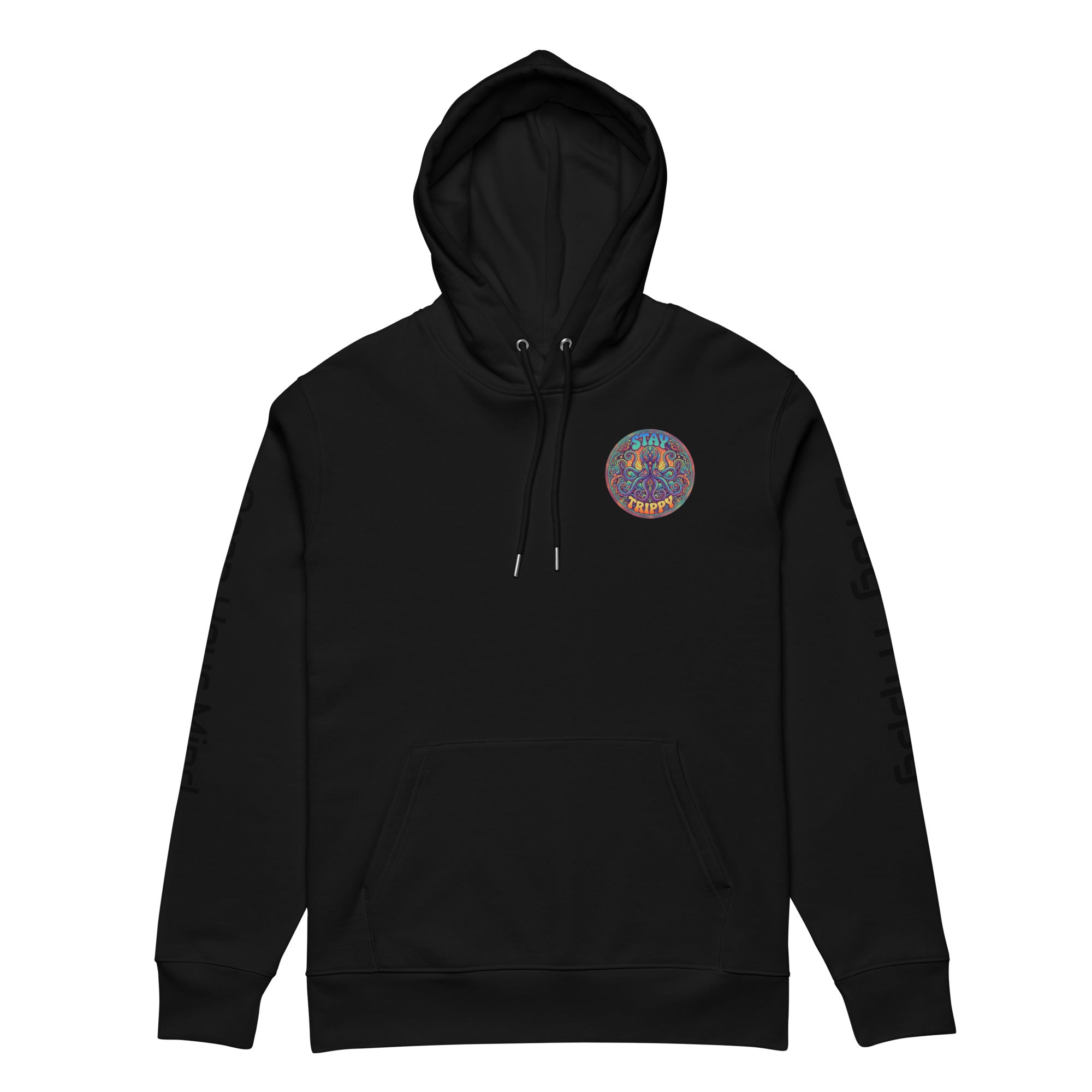 Leaky ts Stay Trippy hoodie in black, unisex eco-friendly organic cotton, front view showing hoodie and minimalist design.