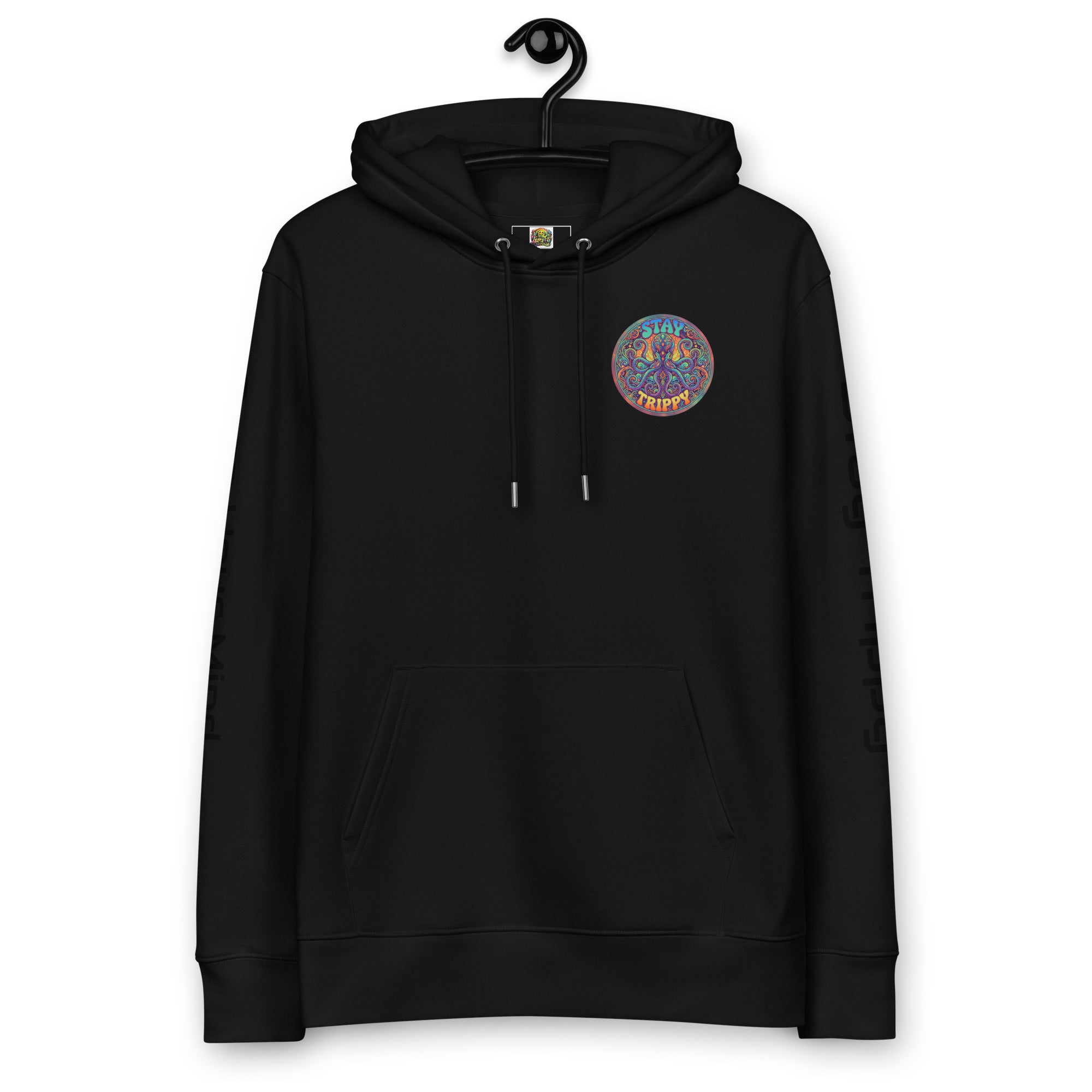 Leaky ts Stay Trippy hoodie in black, made from 100% organic cotton, front view of unisex eco-friendly casual sweatshirt.