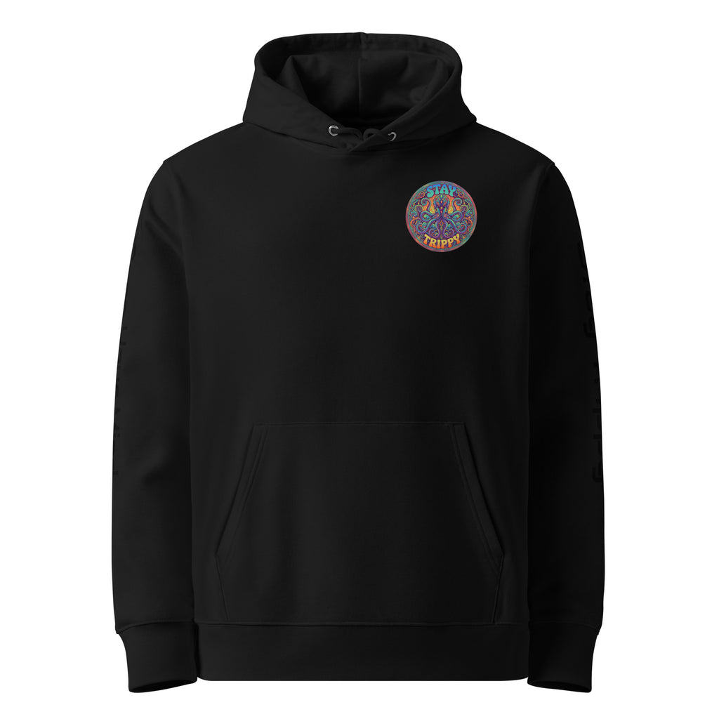 Leaky Ts Stay Trippy hoodie in black, unisex organic cotton hoodie with front design, casual and eco-friendly apparel.